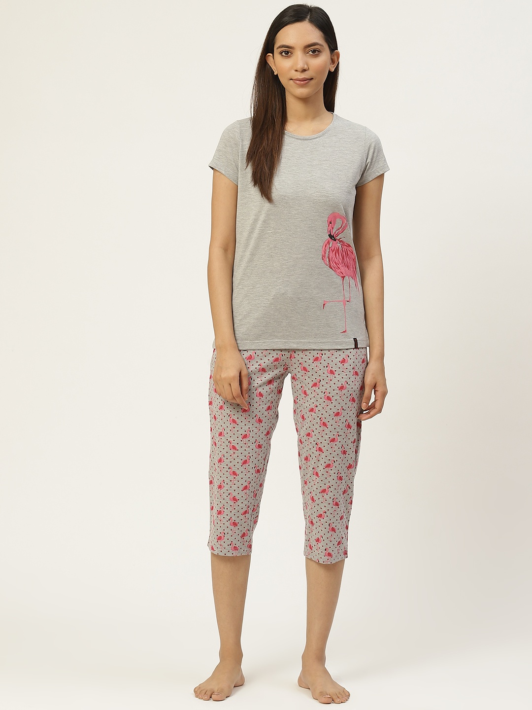 

MADAME M SECRET Women Grey Melange & Pink Flamingo Print Night Suit