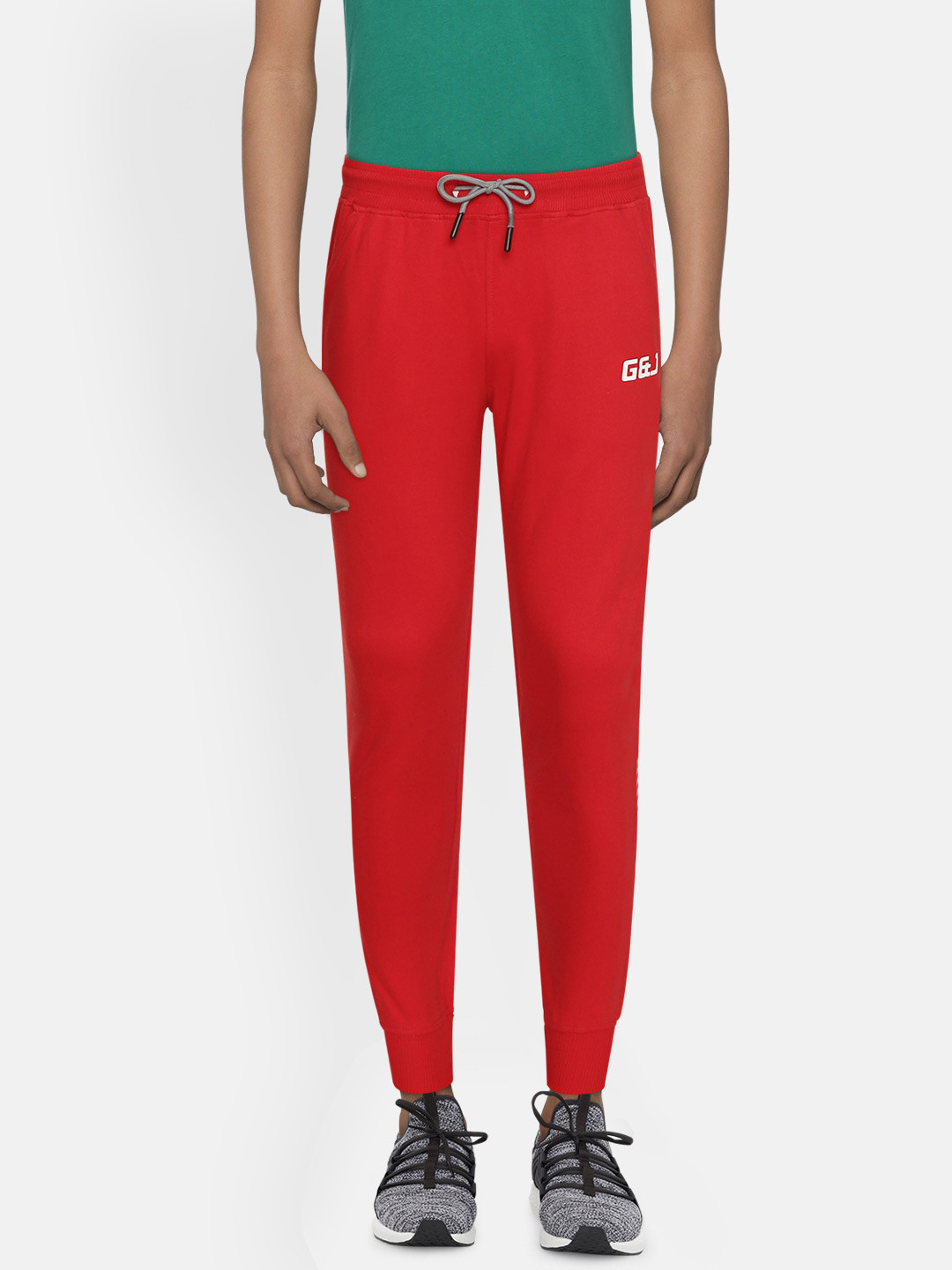 

Gini and Jony Boys Red Solid Pure Cotton Joggers with Brand Logo Print Detail