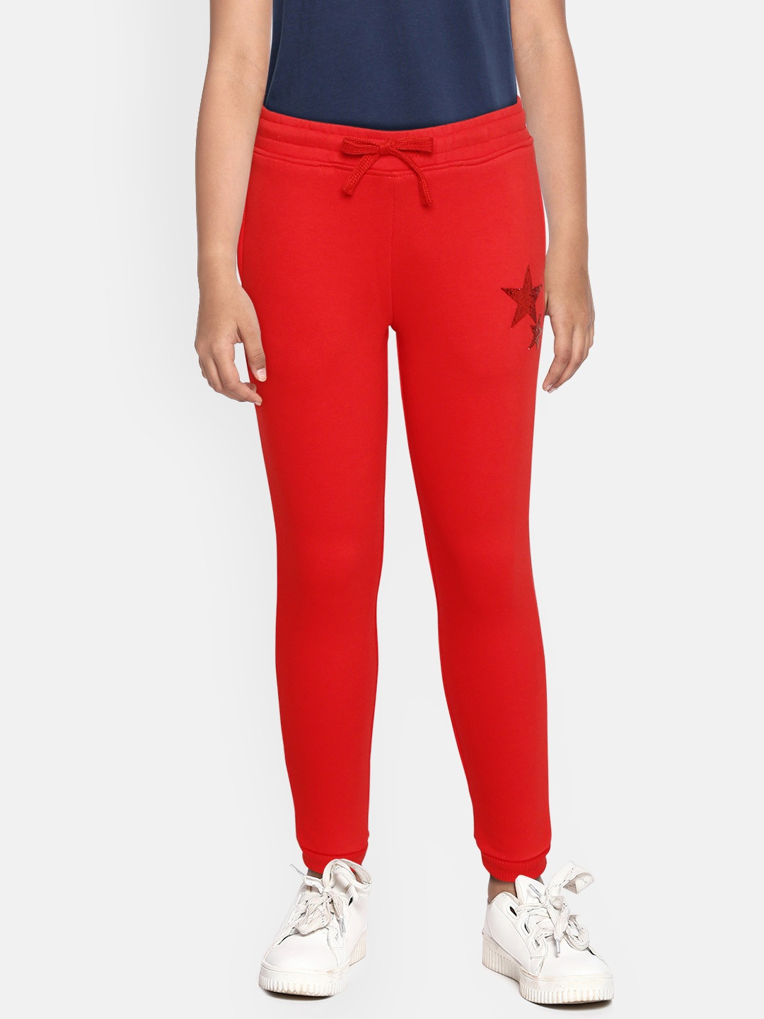 

Gini and Jony Girls Red Solid Joggers with Glitter Heart Applique Detail