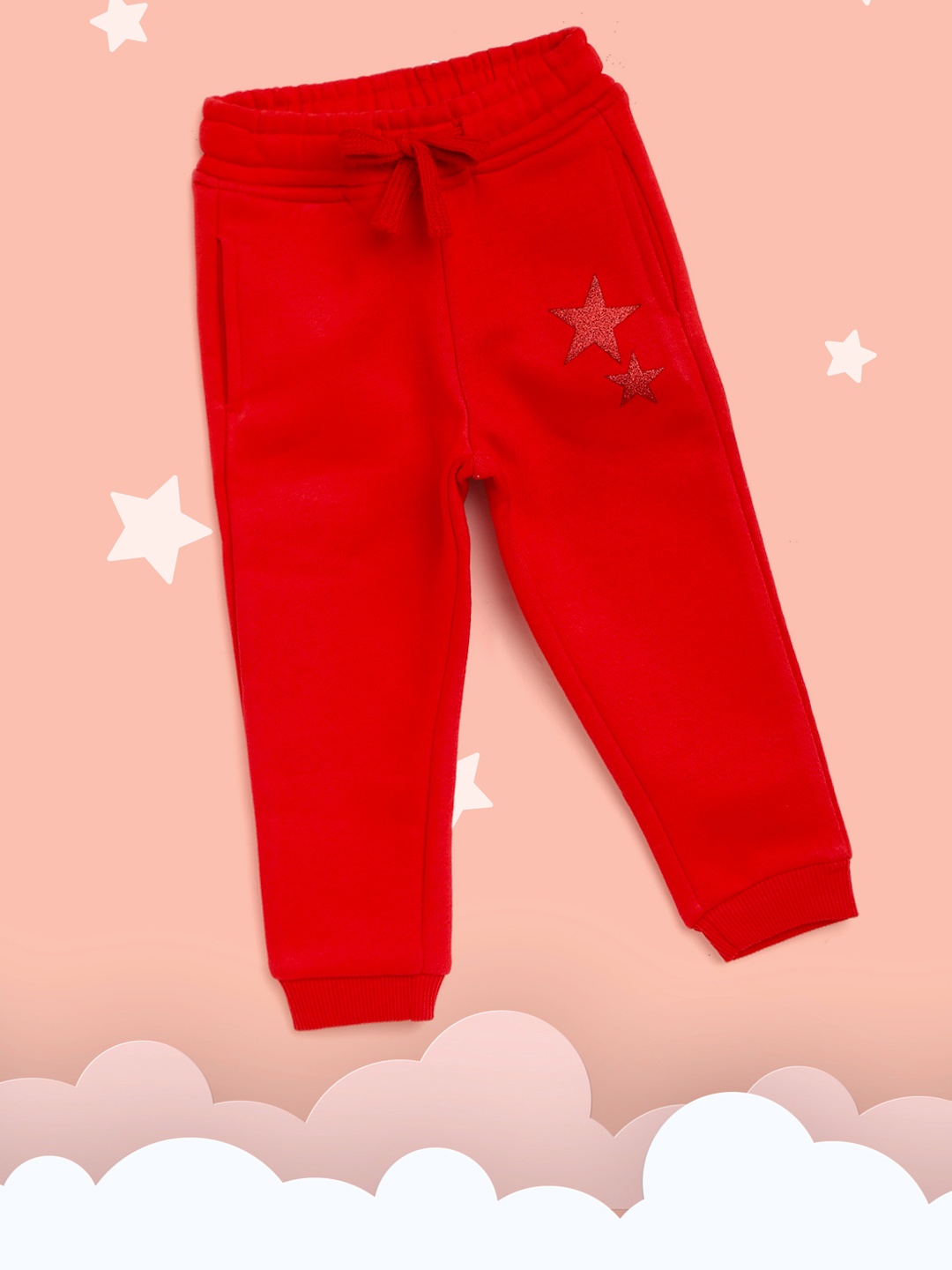 

Gini and Jony Girls Red Solid Joggers with Glitter Heart Applique Detail