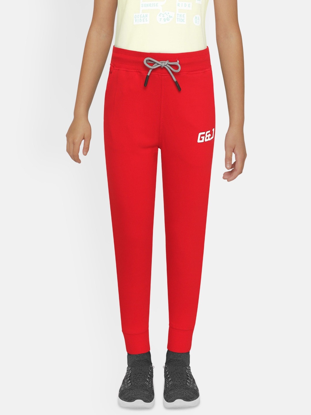 

Gini and Jony Boys Red Solid Pure Cotton Joggers with Brand Logo Print Detail