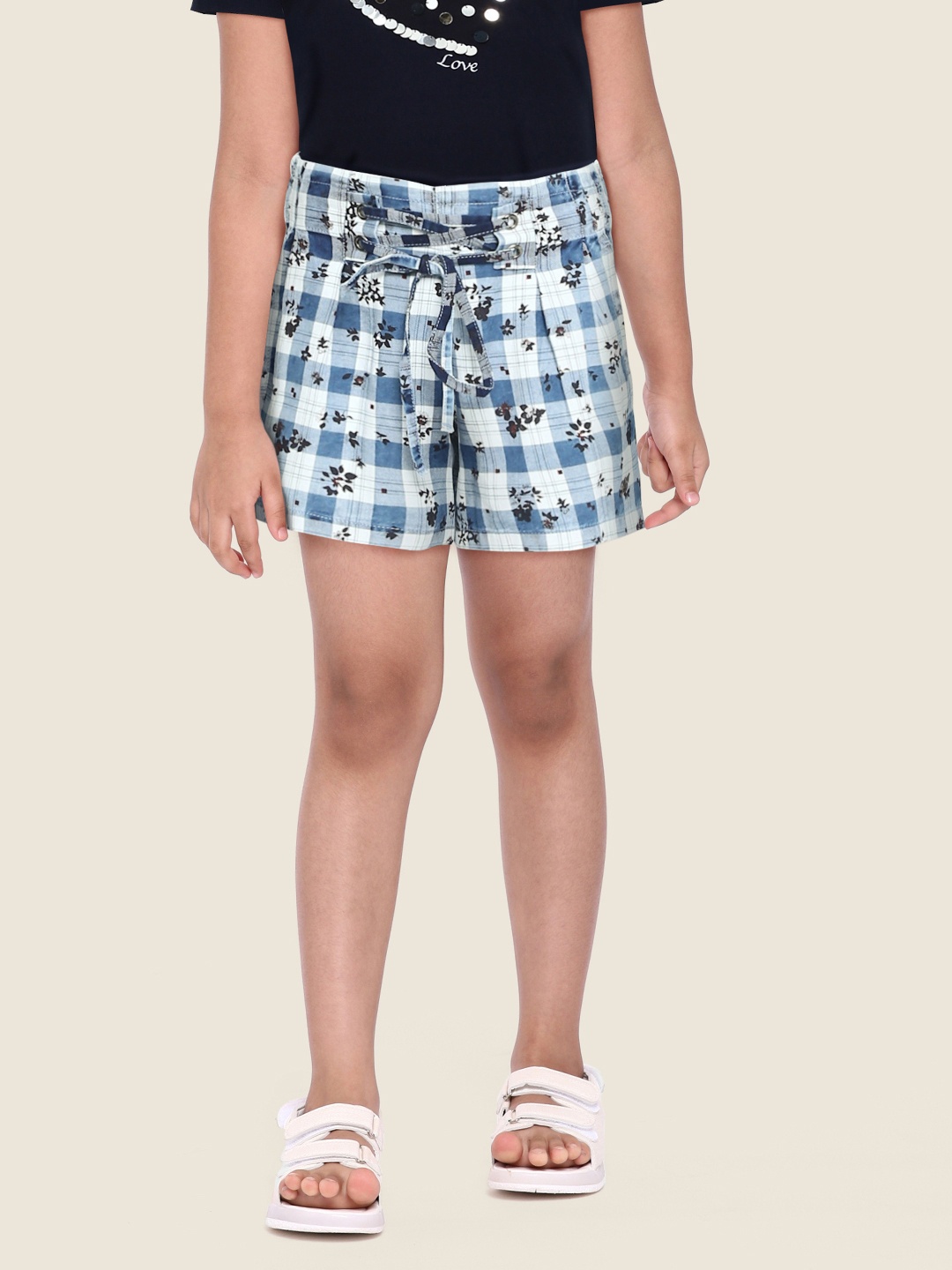 

Gini and Jony Girls Blue & White Cotton Checked Shorts with Floral Print Detail