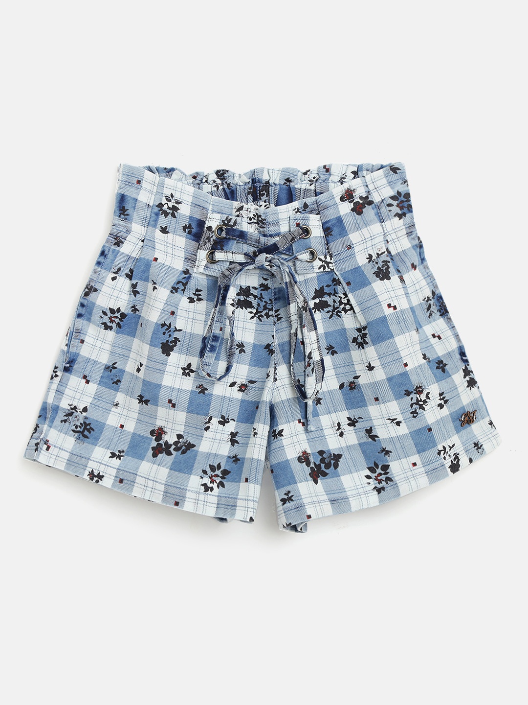 

Gini and Jony Girls Blue & White Cotton Checked Shorts with Floral Print Detail