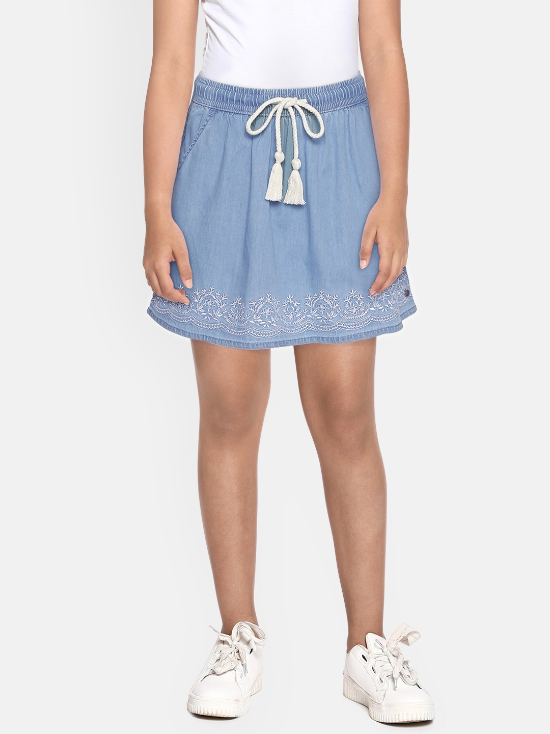 

Gini and Jony Girls Blue & White Floral Embroidered Chambray A-Line Skirt