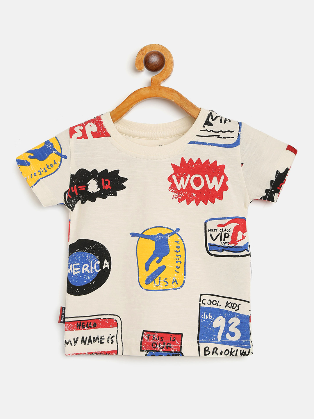 

Gini and Jony Boys Cream-Coloured Red Printed Round Neck Pure Cotton T-shirt
