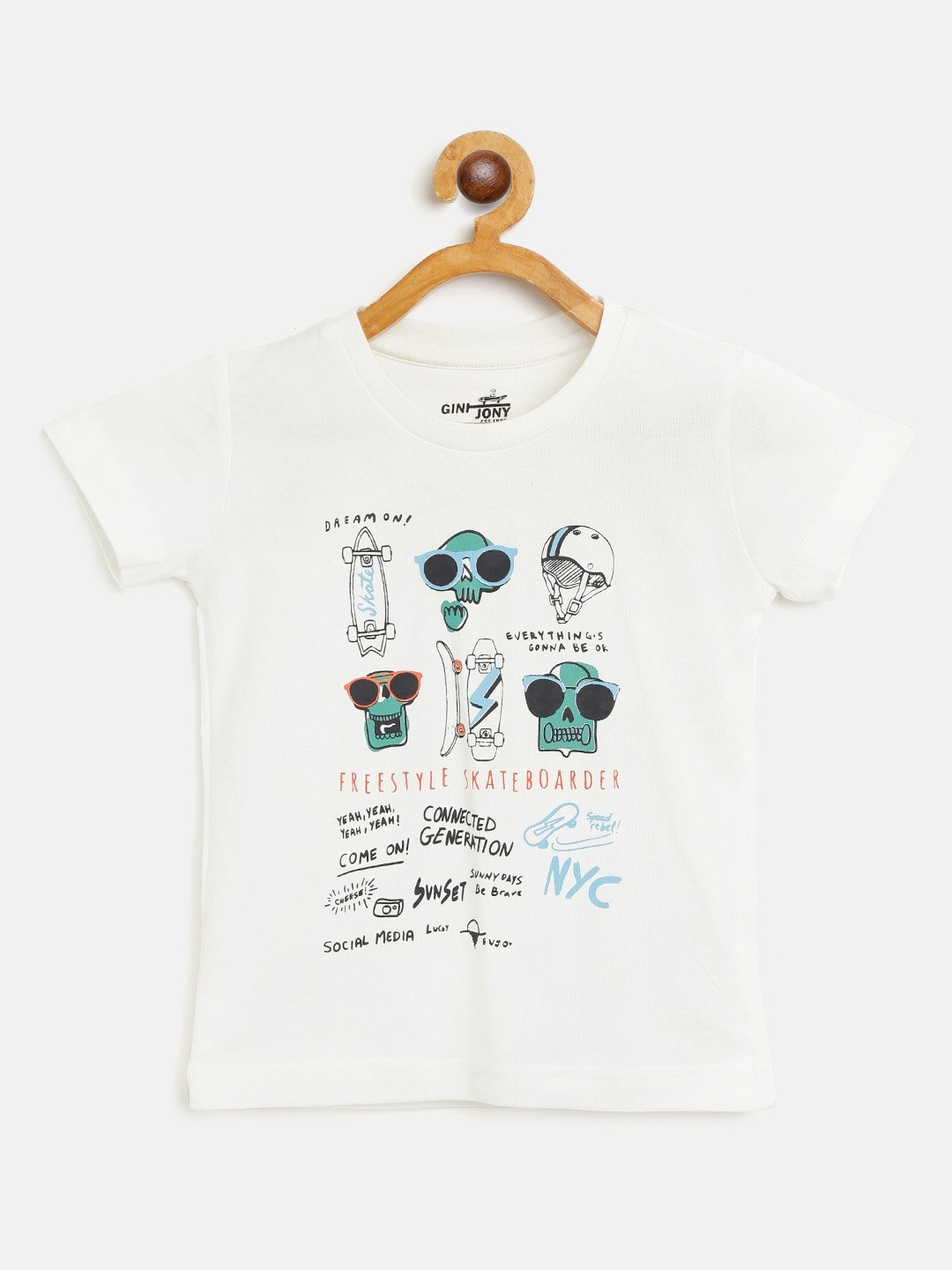 

Gini and Jony Boys White & Green Conversational Print Cotton Round Neck T-shirt