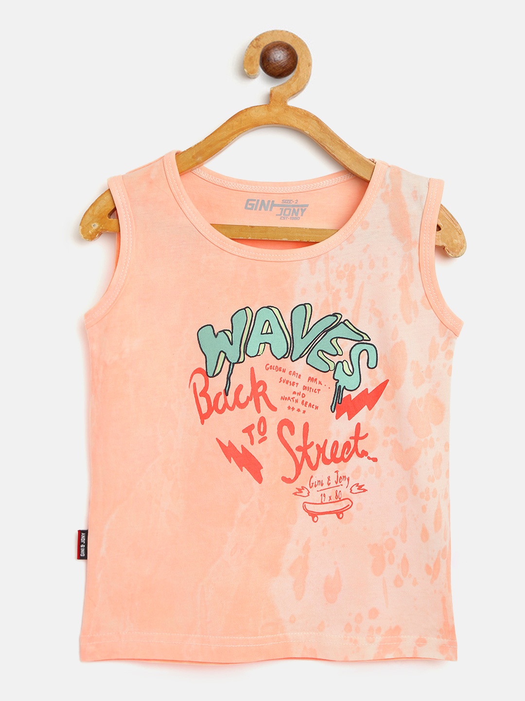 

Gini and Jony Boys Peach-Coloured Green Tie Dye Pure Cotton T-shirt with Printed Detail