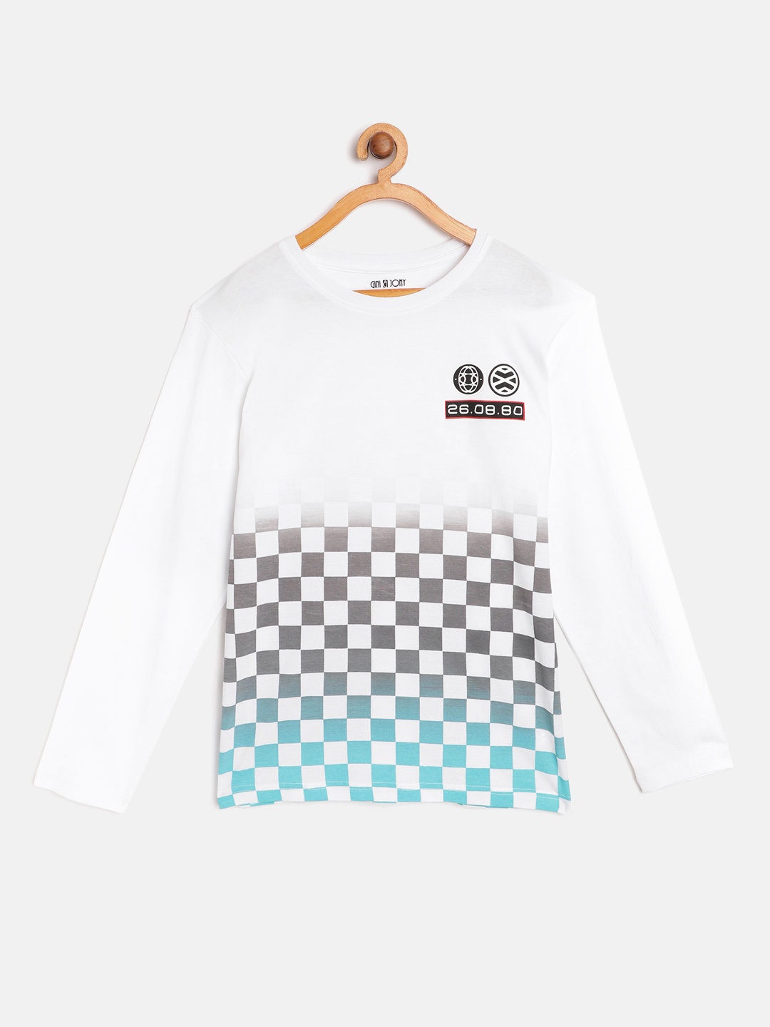 

Gini and Jony Boys White Grey Pure Cotton Checked Round Neck Pure Cotton T-shirt
