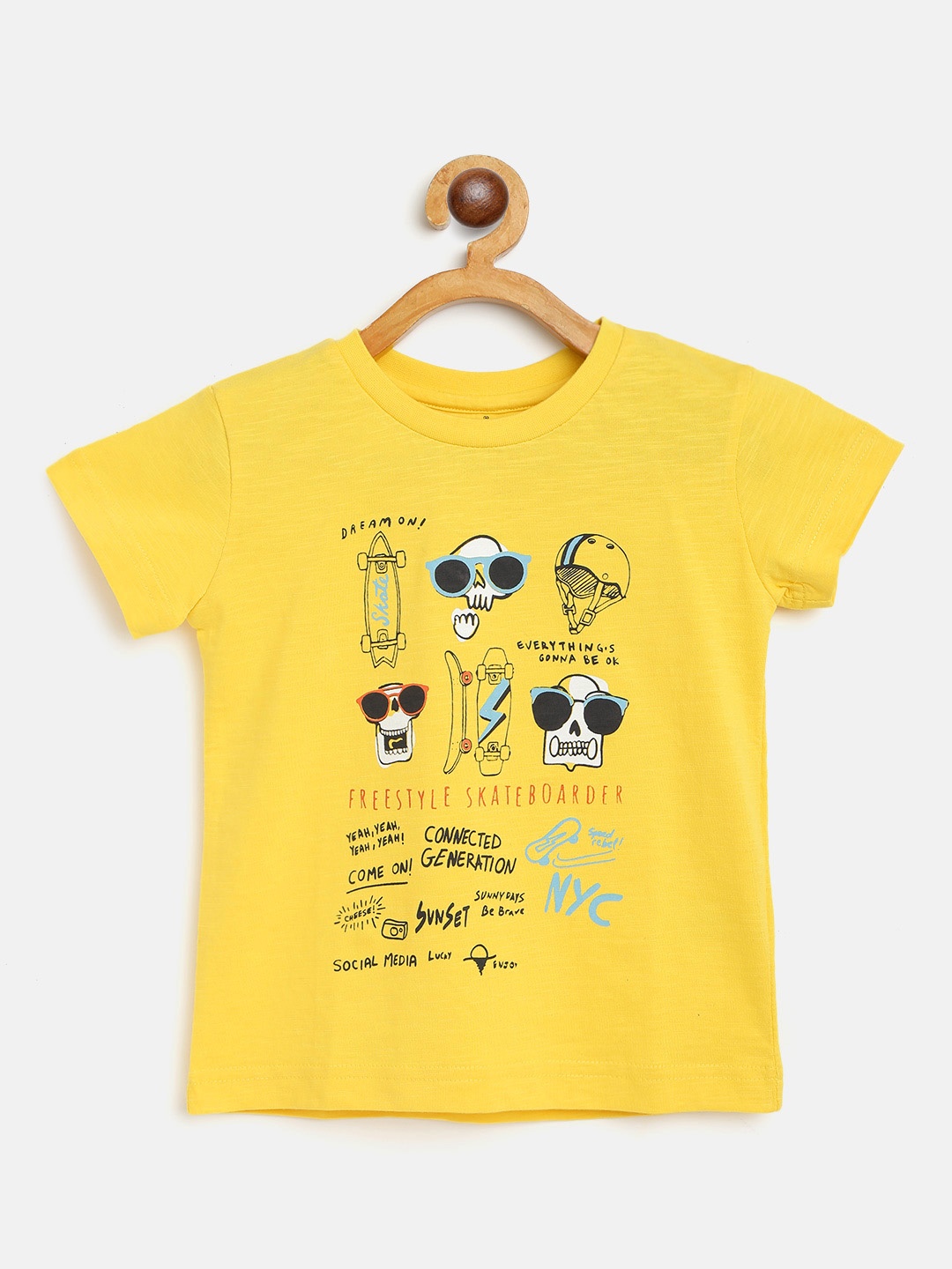

Gini and Jony Boys Yellow & Black Skull & Typography Print Pure Cotton T-shirt