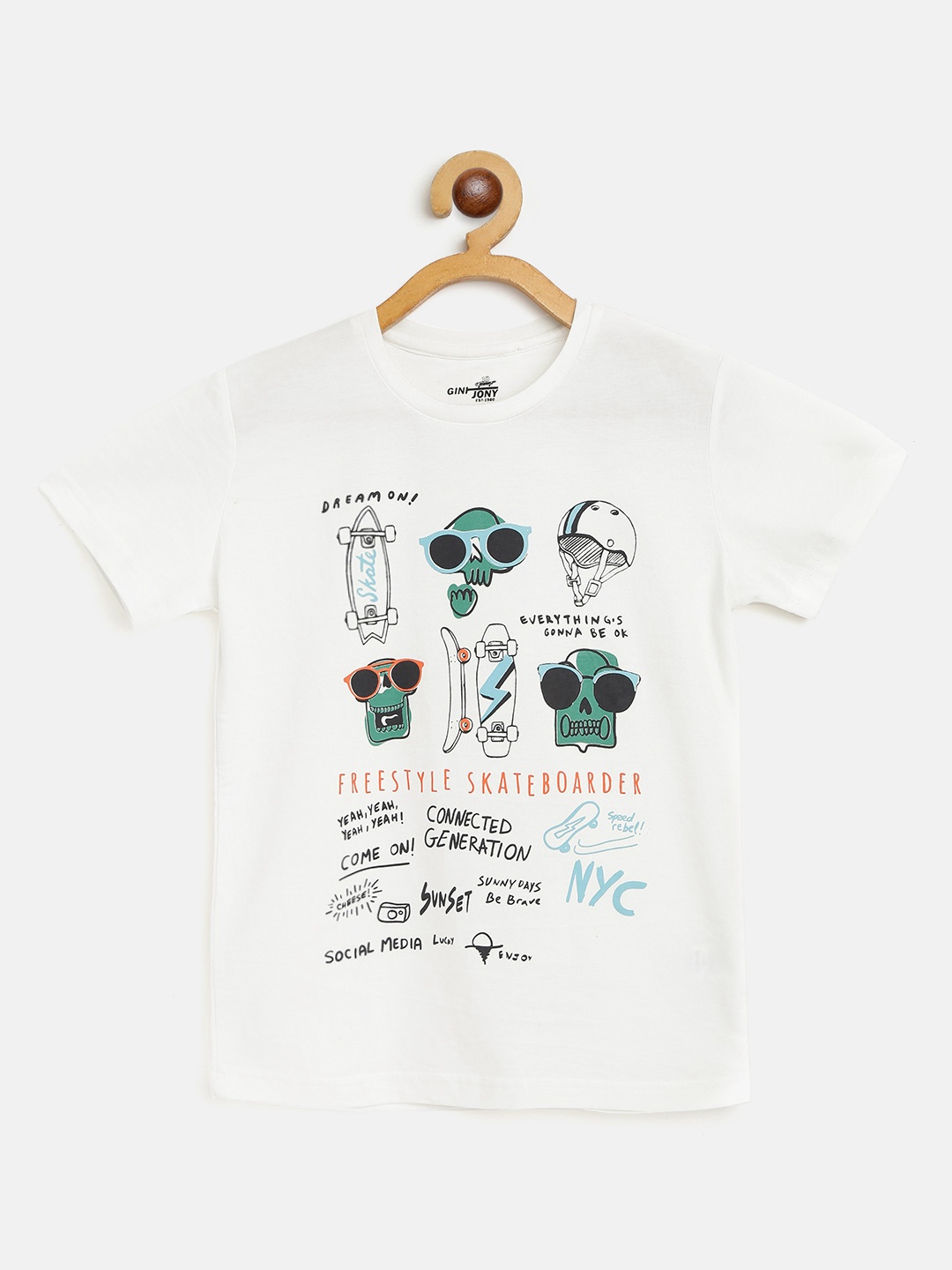 

Gini and Jony Boys Off-White Green Graphic Print Round Neck Pure Cotton T-shirt