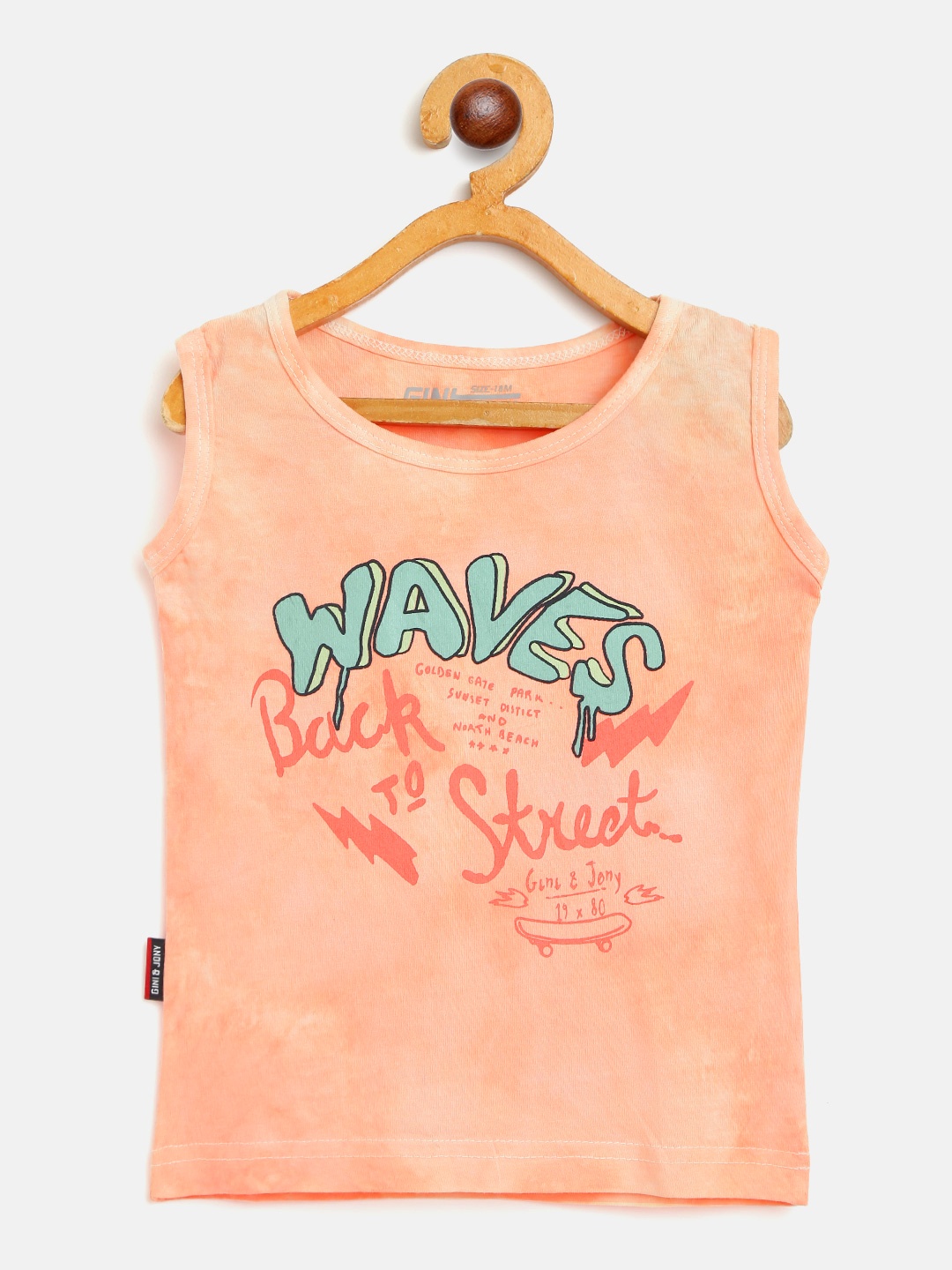 

Gini and Jony Boys Coral Pink Green Tie Dye Pure Cotton T-shirt with Printed Detail