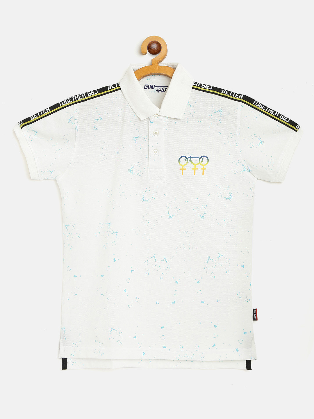 

Gini and Jony Boys White Abstract Print Cotton Polo Collar Pure Cotton T-shirt with Side Taping Detail