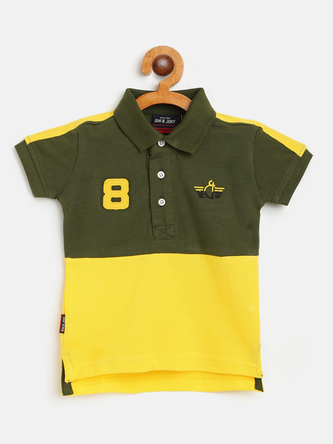 

Gini and Jony Boys Olive Green & Yellow Colourblocked Pure Cotton Polo Collar T-shirt