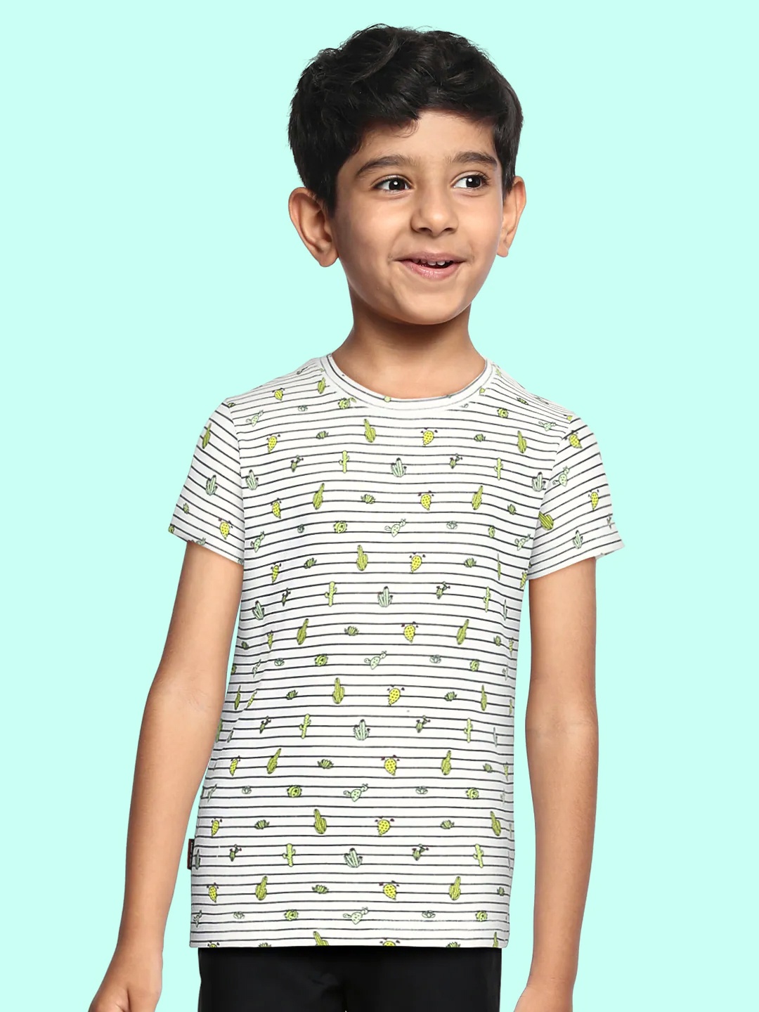 

Gini and Jony Boys White Black Striped Pure Cotton T-shirt with Cactus Print Detail