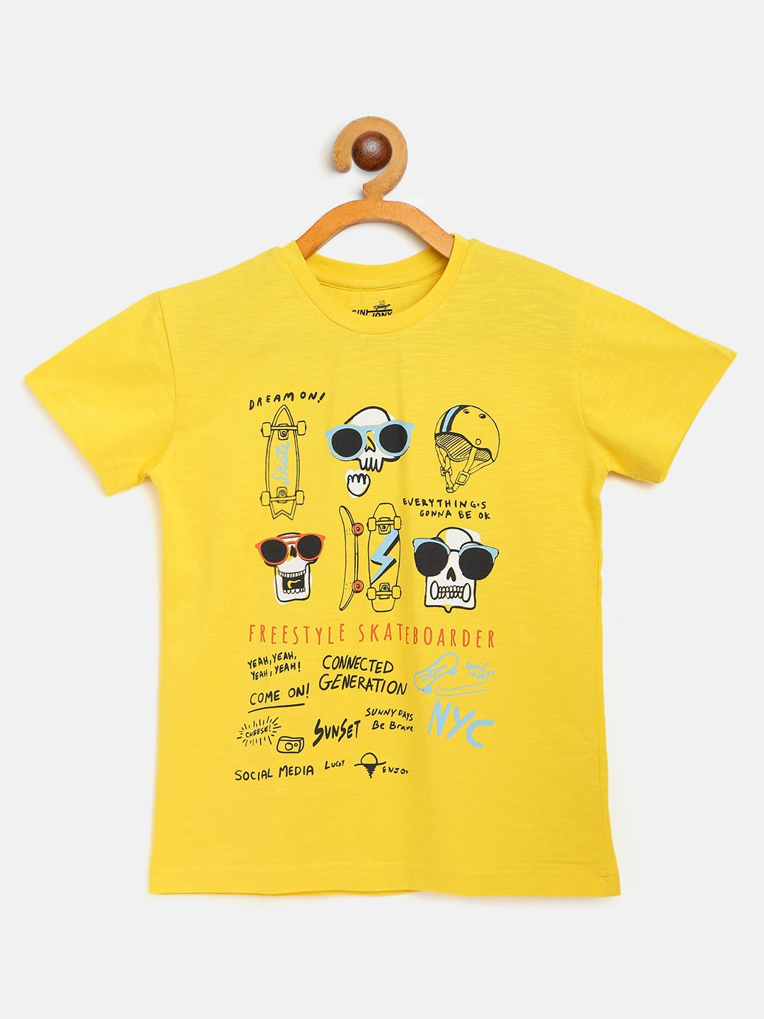

Gini and Jony Boys Yellow White Skull Typography Print Round Neck Pure Cotton T-shirt