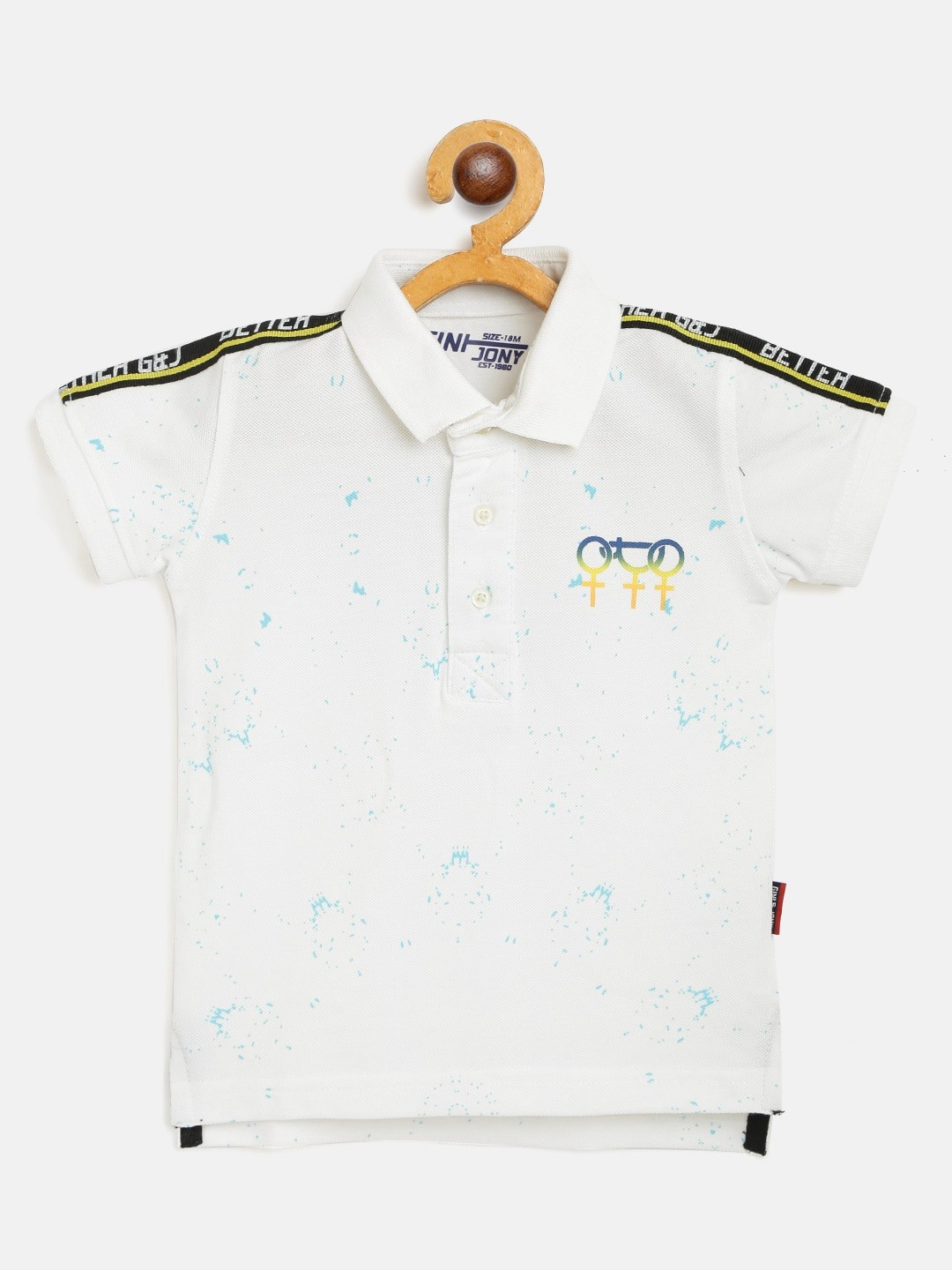 

Gini and Jony Boys White Blue Abstract Print Pure Cotton Polo Collar Pure Cotton T-shirt with Taping