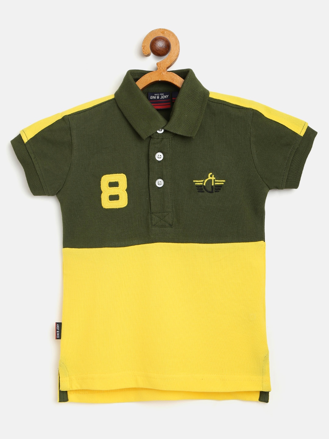 

Gini and Jony Boys Olive Green Yellow Colourblocked Polo Collar Pure Cotton T-shirt