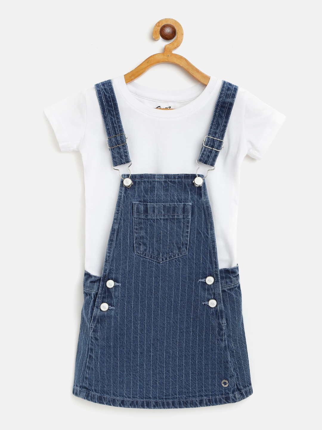 

Gini and Jony Girls Navy Blue & White Striped Pure Cotton Denim Pinafore Dress & T-shirt