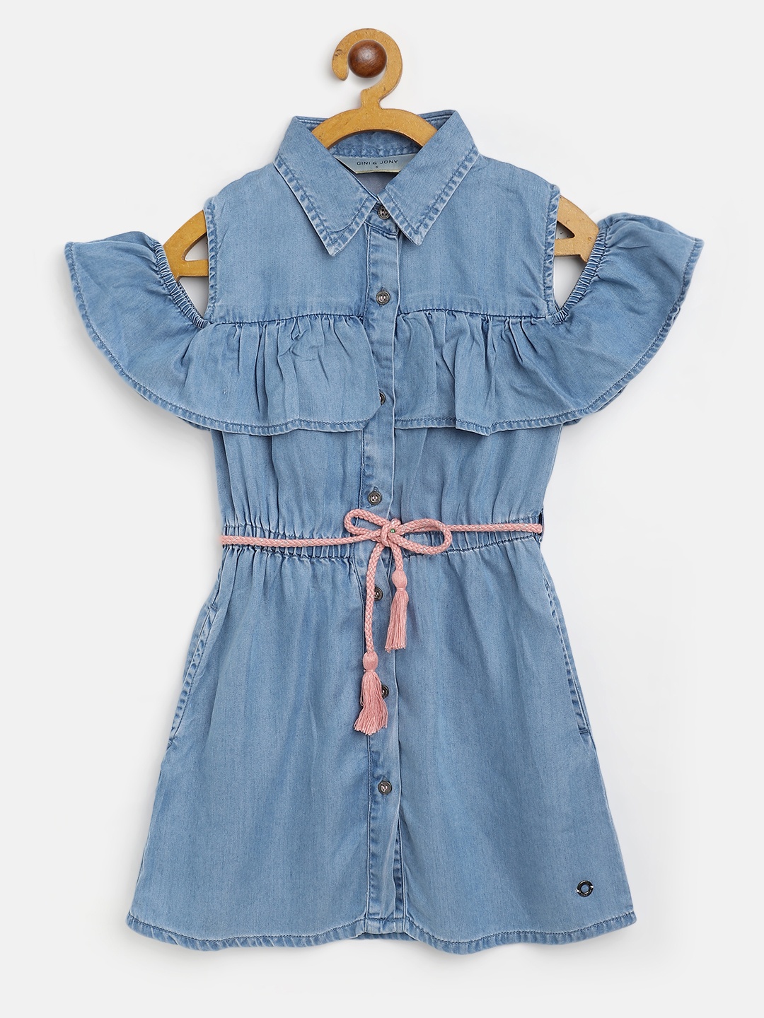 

Gini and Jony Blue Solid Cold-Shoulder Sleeves Shirt Dress