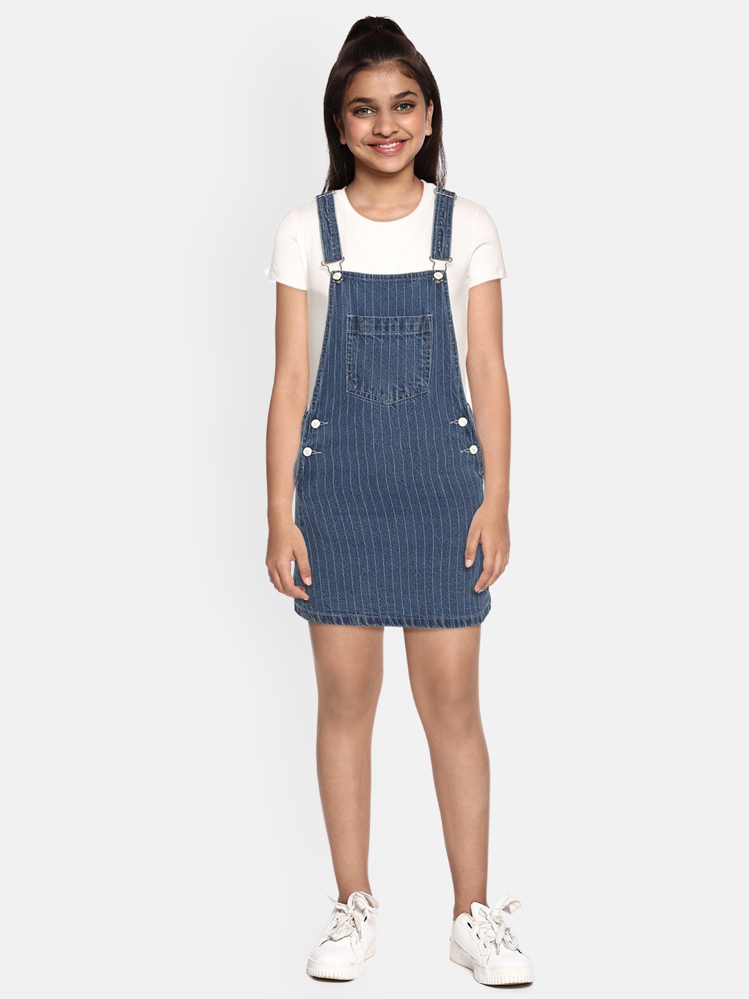 

Gini and Jony Girls Navy Blue & White Striped Cotton Denim Pinafore Dress with T-shirt