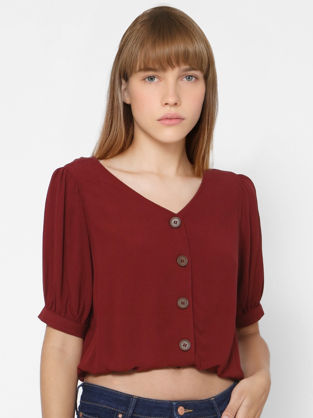 

ONLY Maroon Solid V-Neck Puff Sleeve Regular Top