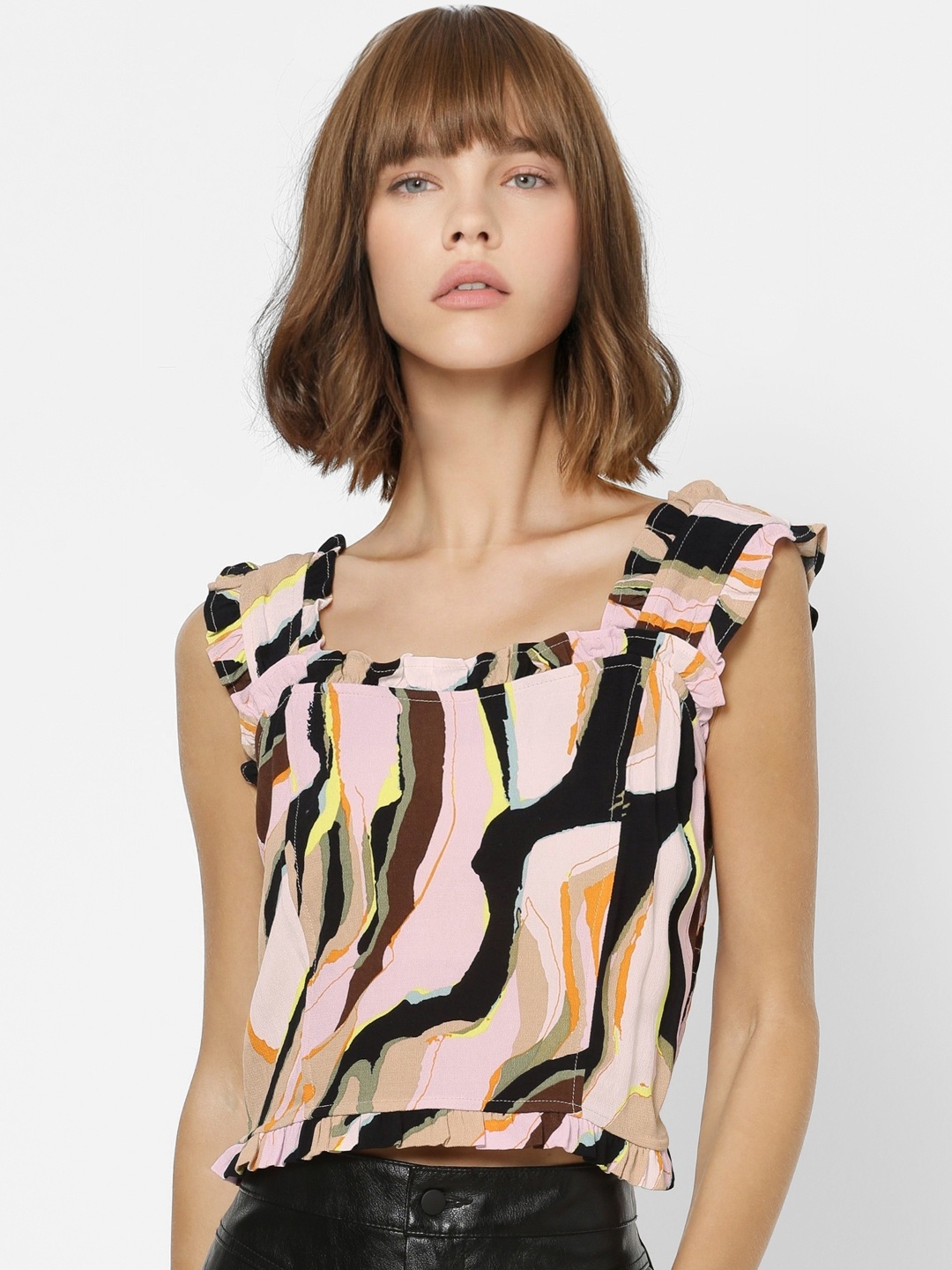 

Only Women Multicoloured Printed Regular Crop Top with Ruffles, Multi