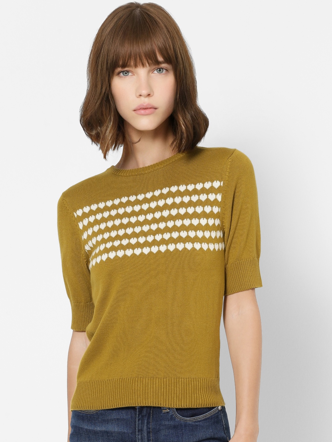 

ONLY Women Olive Green & White Self Design Pullover Sweater