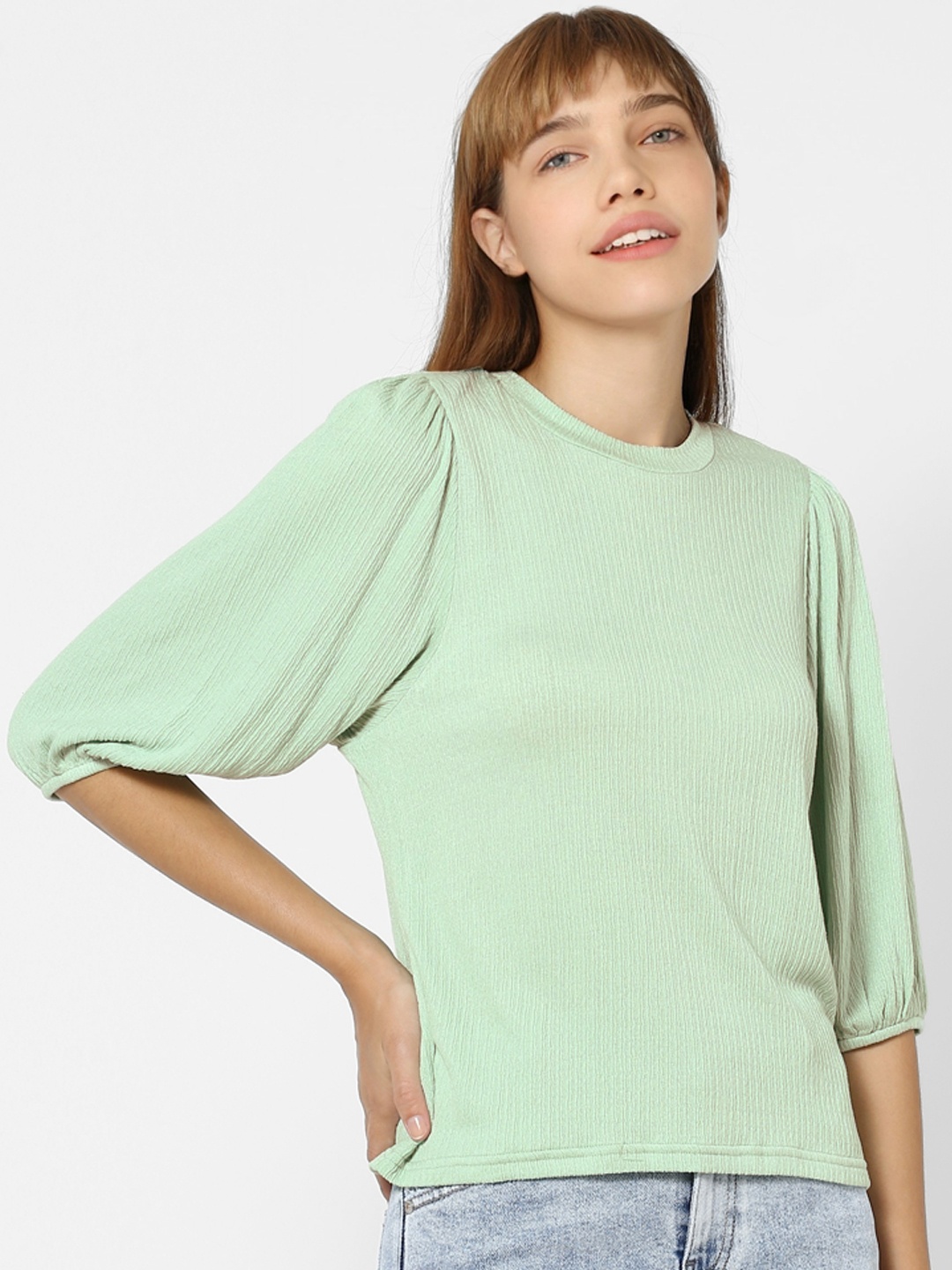 

Only Women Green Solid Puff Sleeves Regular Top
