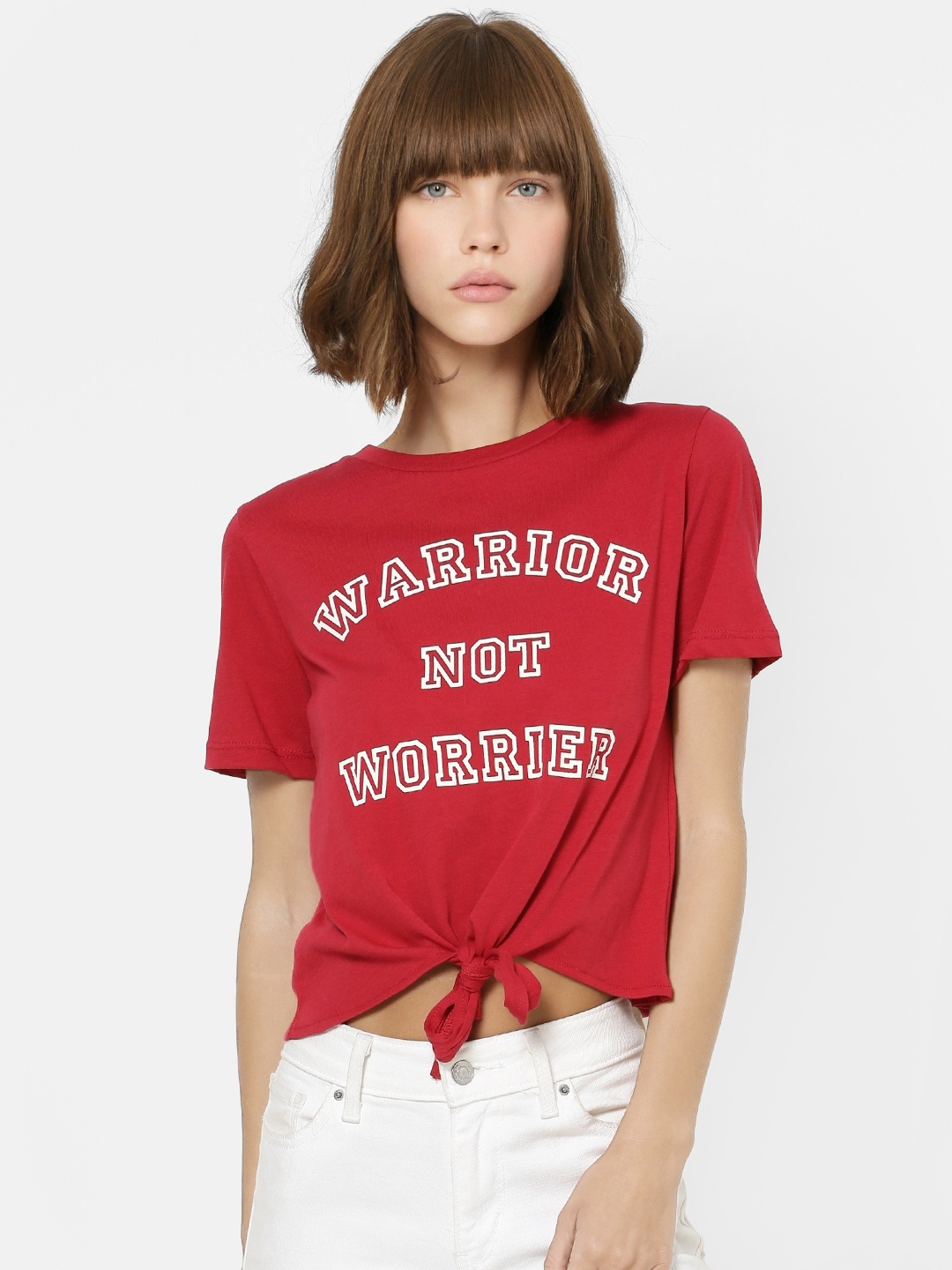

ONLY Women Red Printed Round Neck Crop Pure Cotton T-shirt with Front Knot