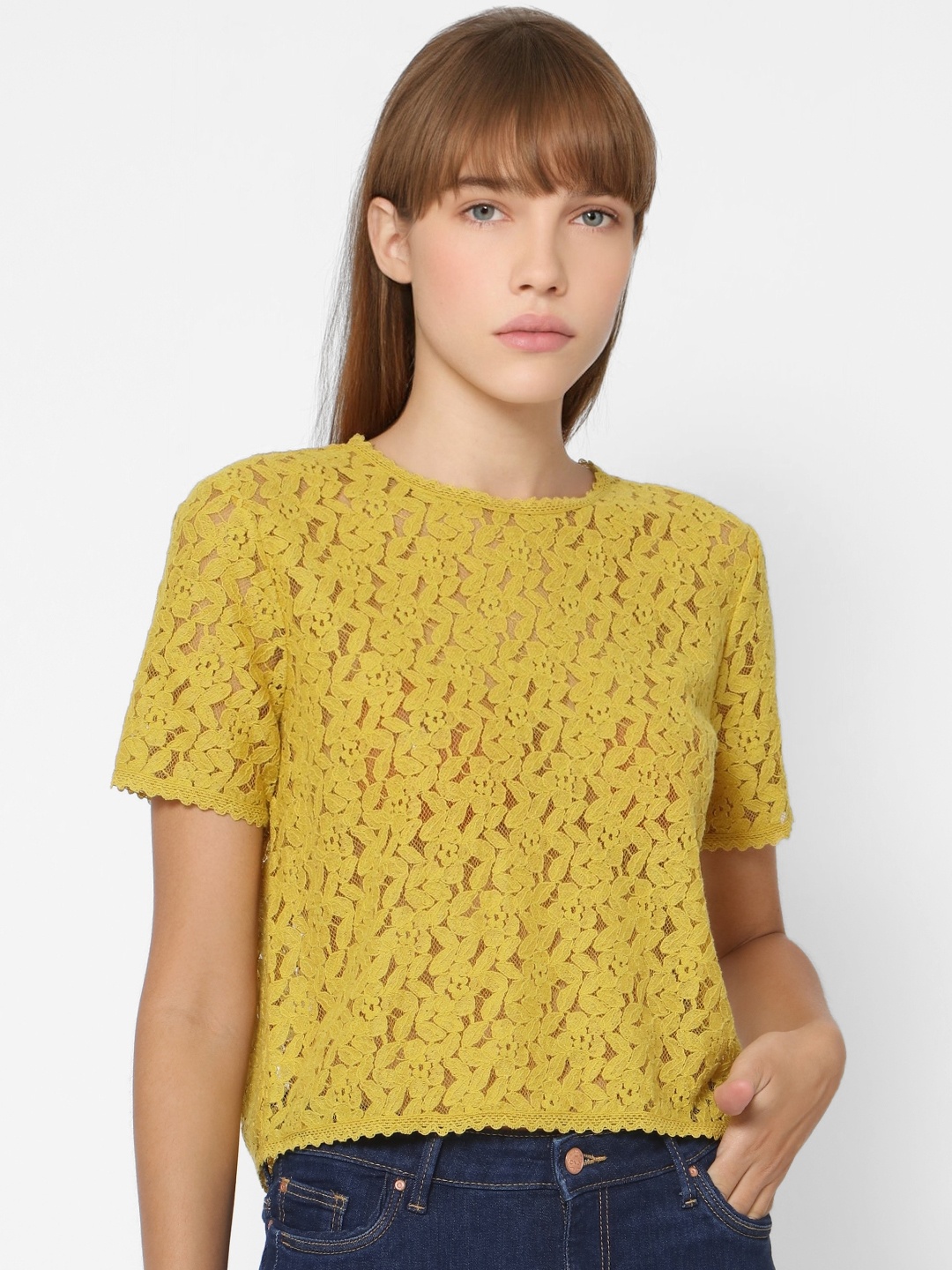 

Only Women Yellow Self Design Semi Sheer Regular Crop Top