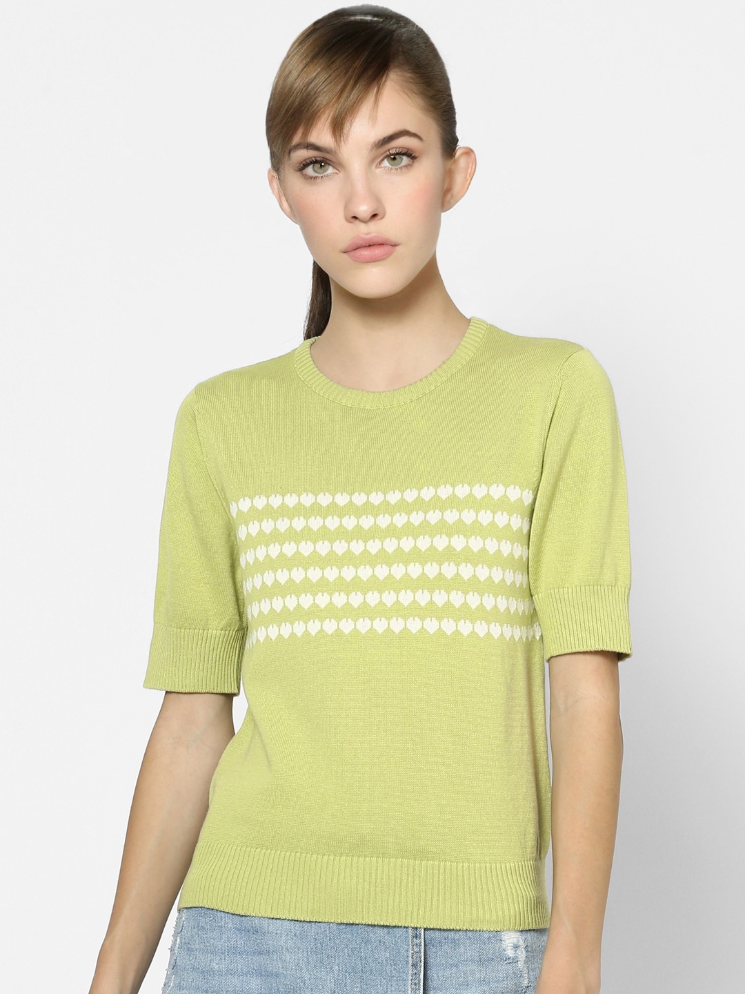 

ONLY Women Green Printed Round Neck Pure Cotton T-shirt
