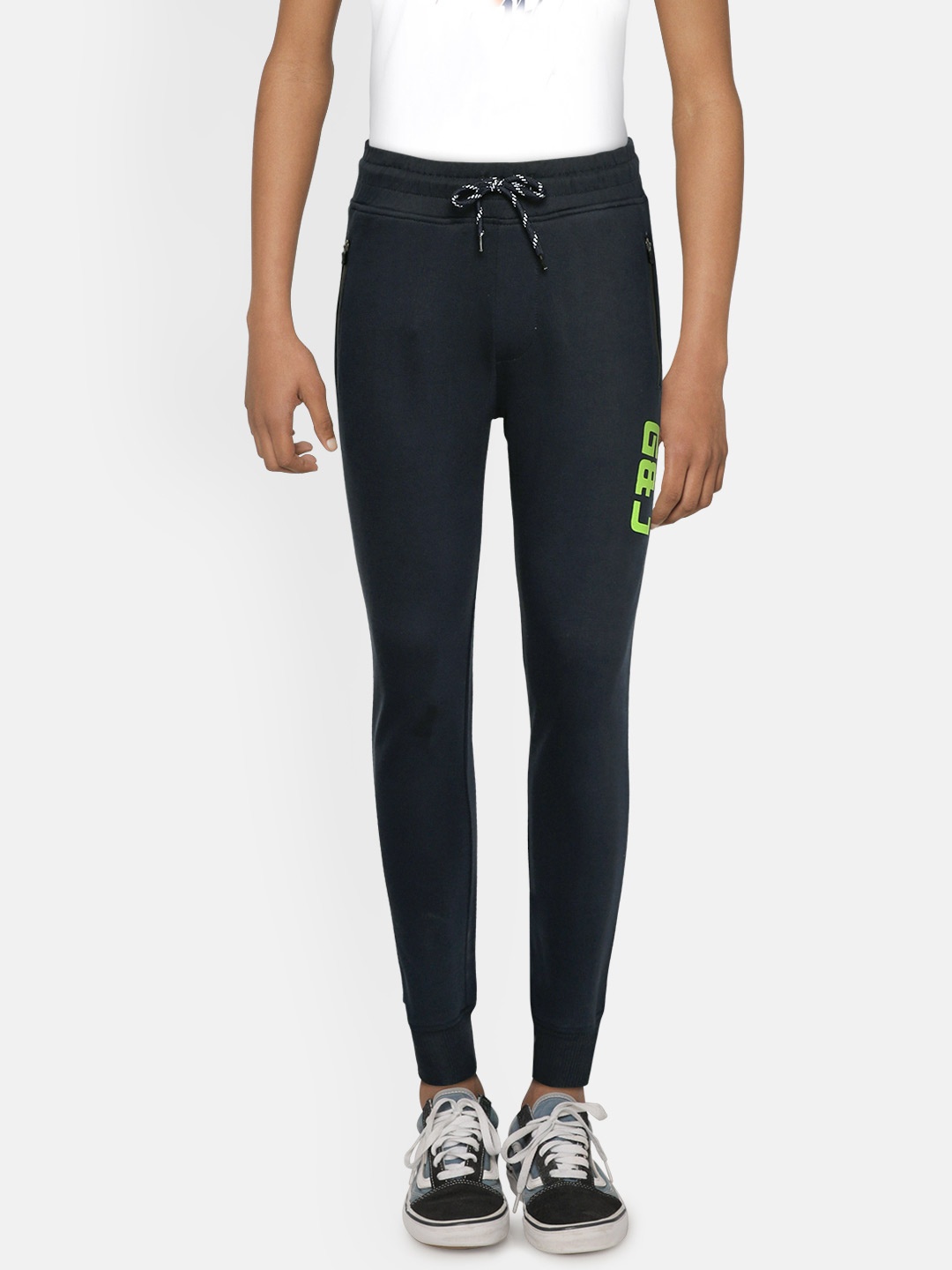

Gini and Jony Boys Navy Blue Solid Pure Cotton Joggers with Brand Logo Print Detail