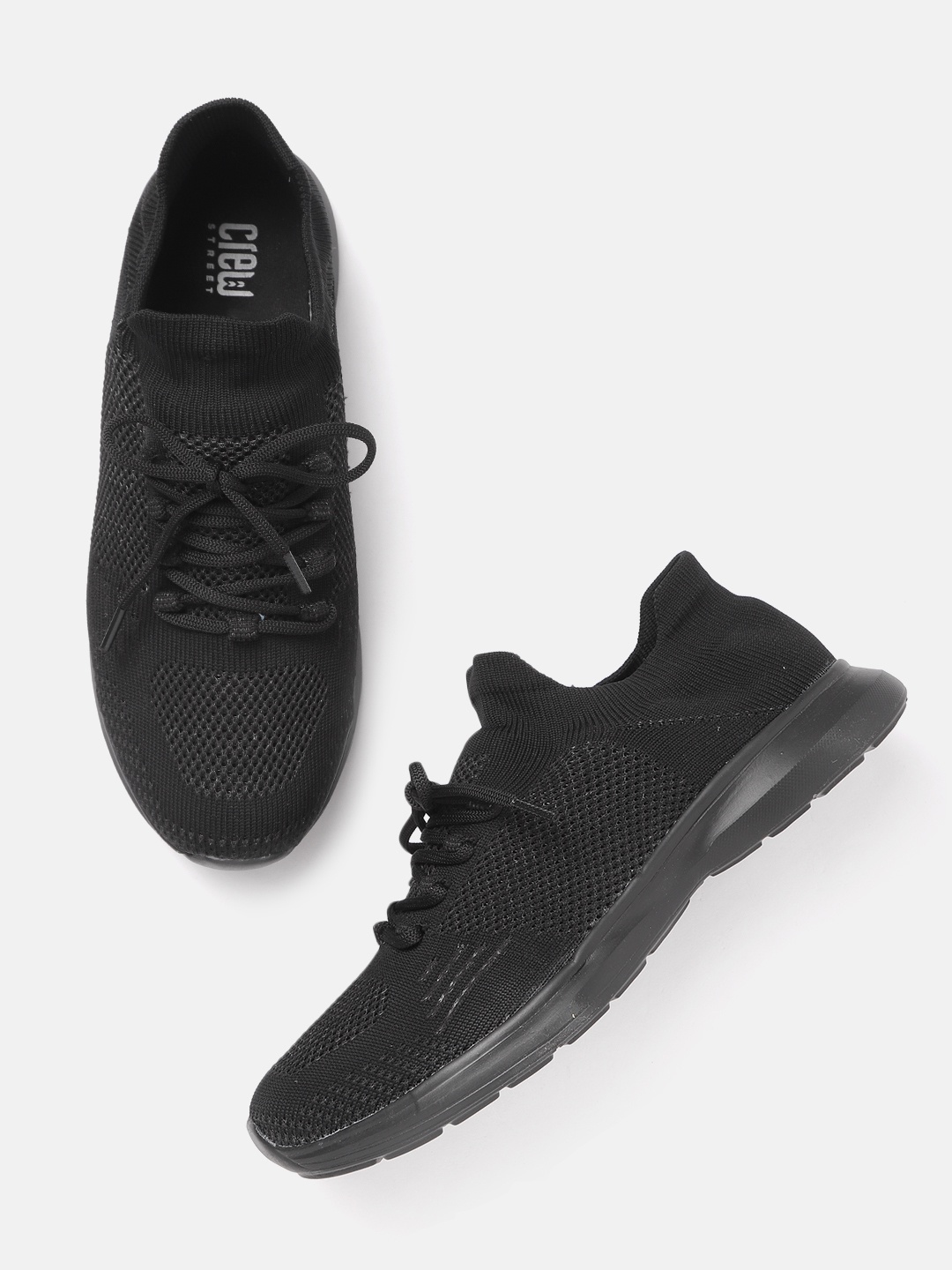 

Crew STREET Men Black Woven Design Knitted Training Shoes