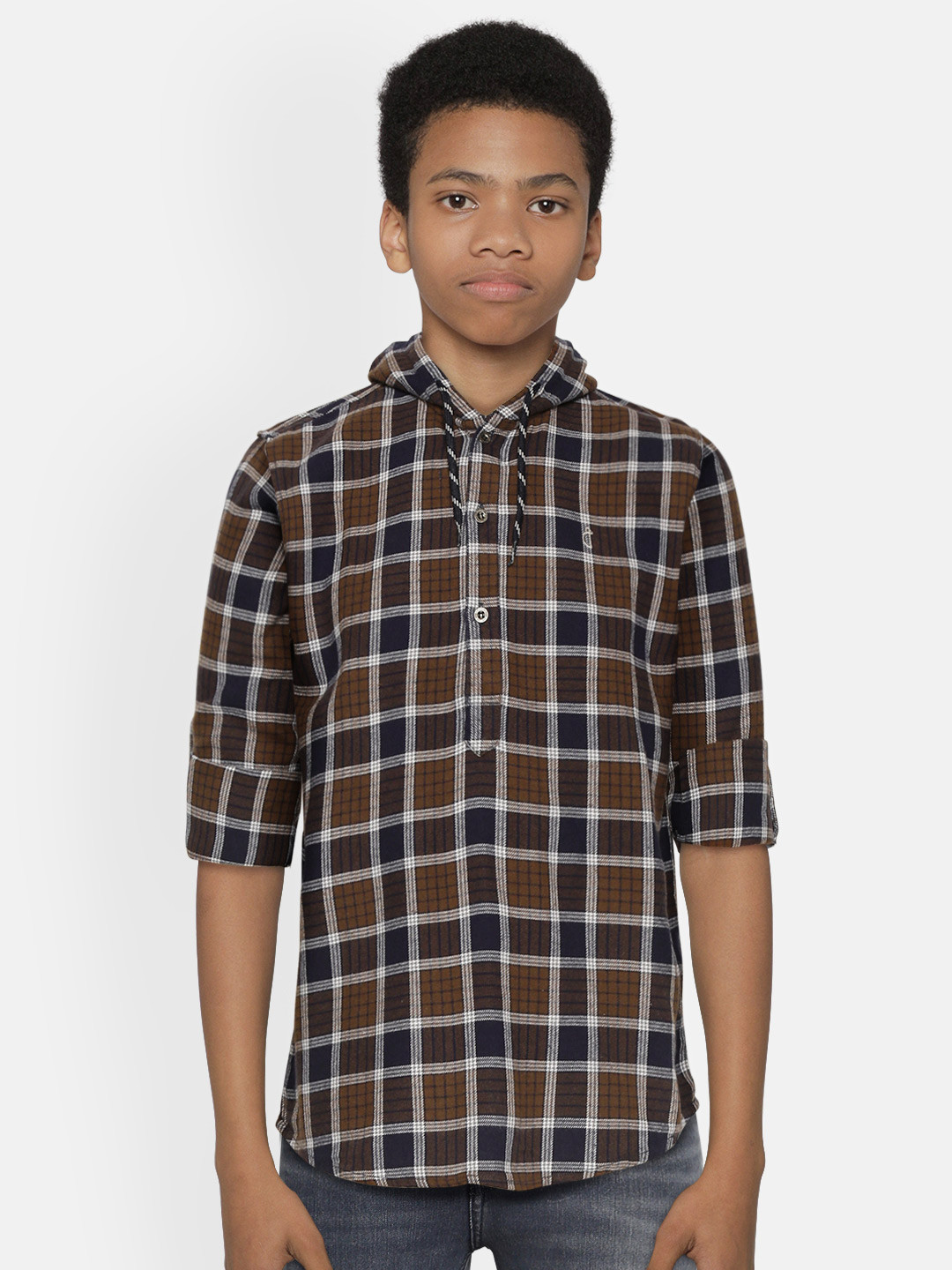 

Gini and Jony Boys Navy Blue & Brown Regular Fit Pure Cotton Checked Hooded Casual Shirt