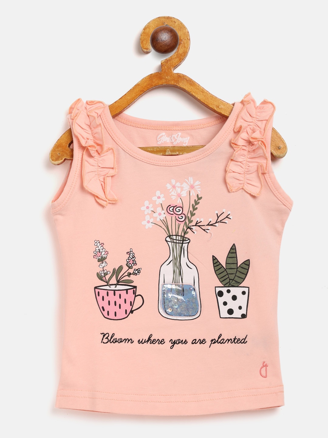 

Gini and Jony Girls Peach-Coloured & White Floral Printed Applique Regular Top