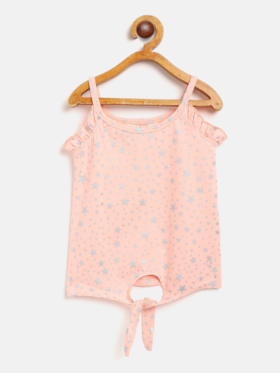 

Gini and Jony Peach-Coloured & Silver Star Print Waist-Tie Up Regular Top