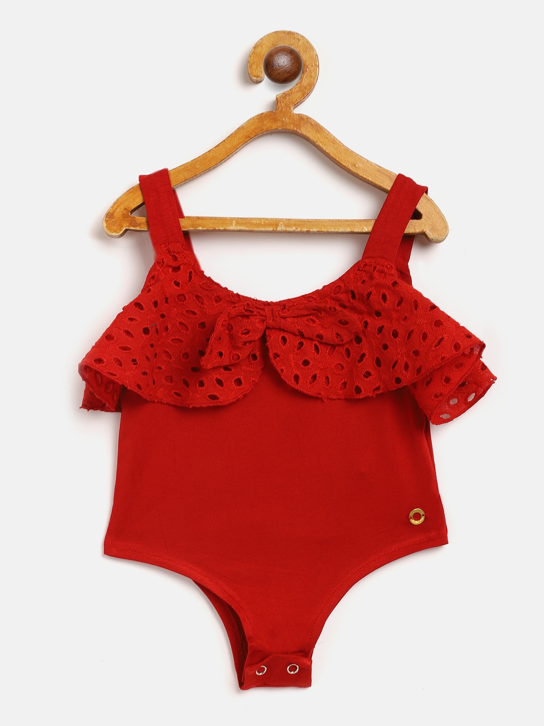 

Gini and Jony Infant Girls Red Schiffli Embroidered Ruffled Bodysuit with Bow Detail