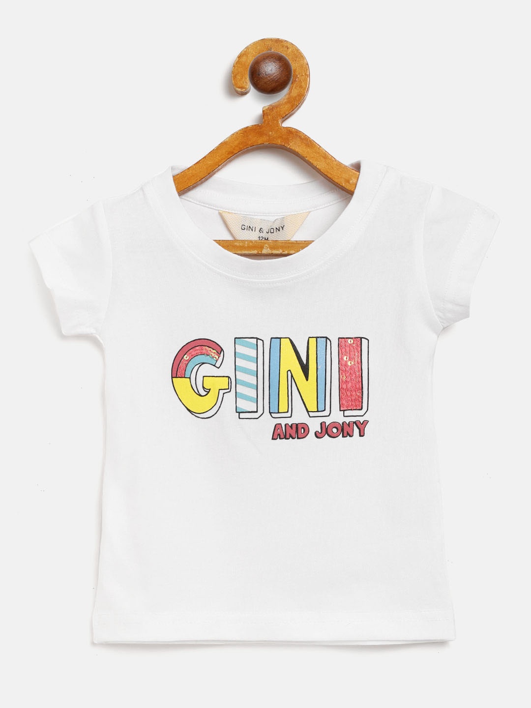 

Gini and Jony Girls White Brand Logo Printed Round Neck T-shirt