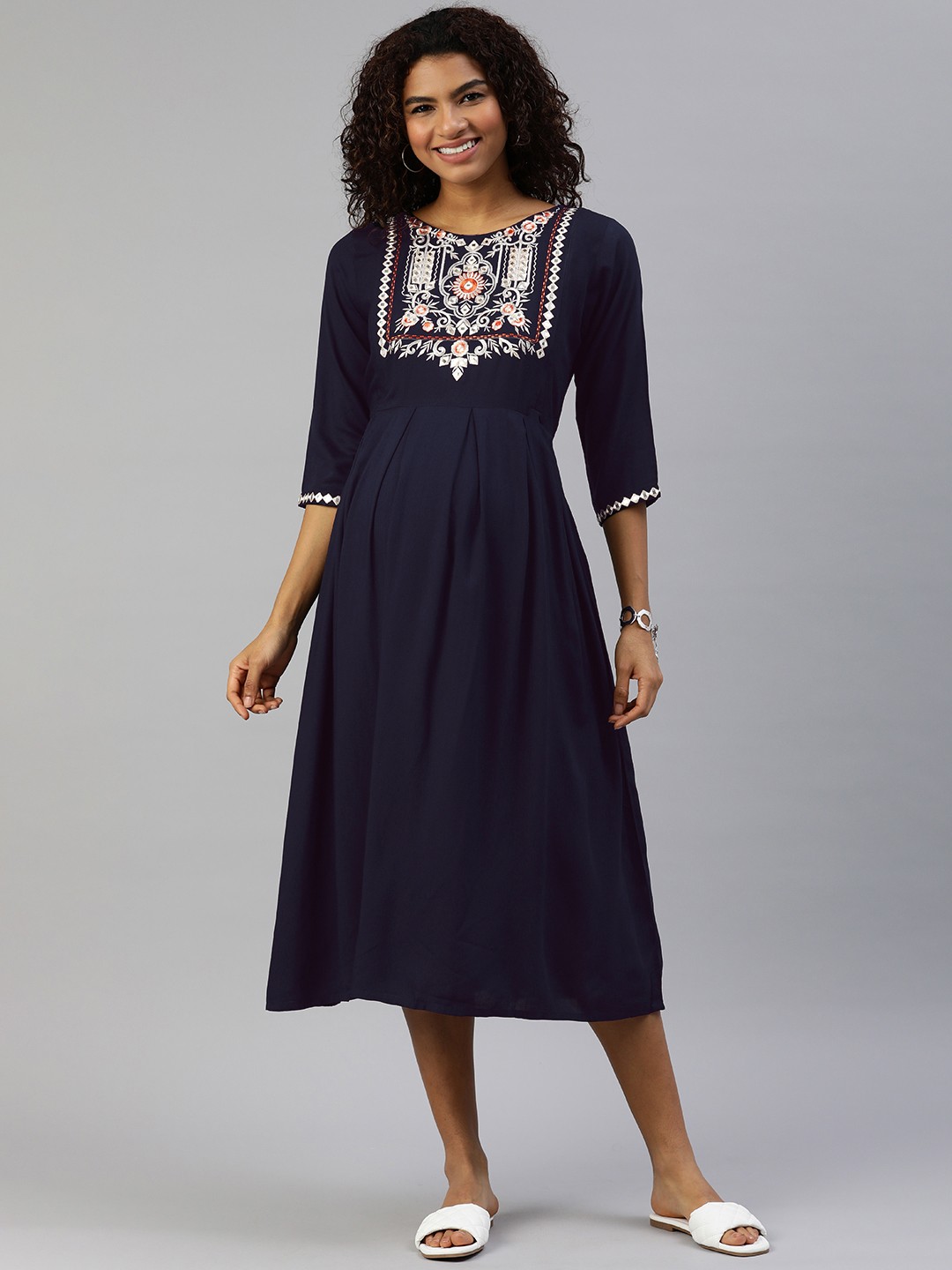 

MomToBe Women Navy Blue Solid Nursing Maternity Maxi Sustainable Dress
