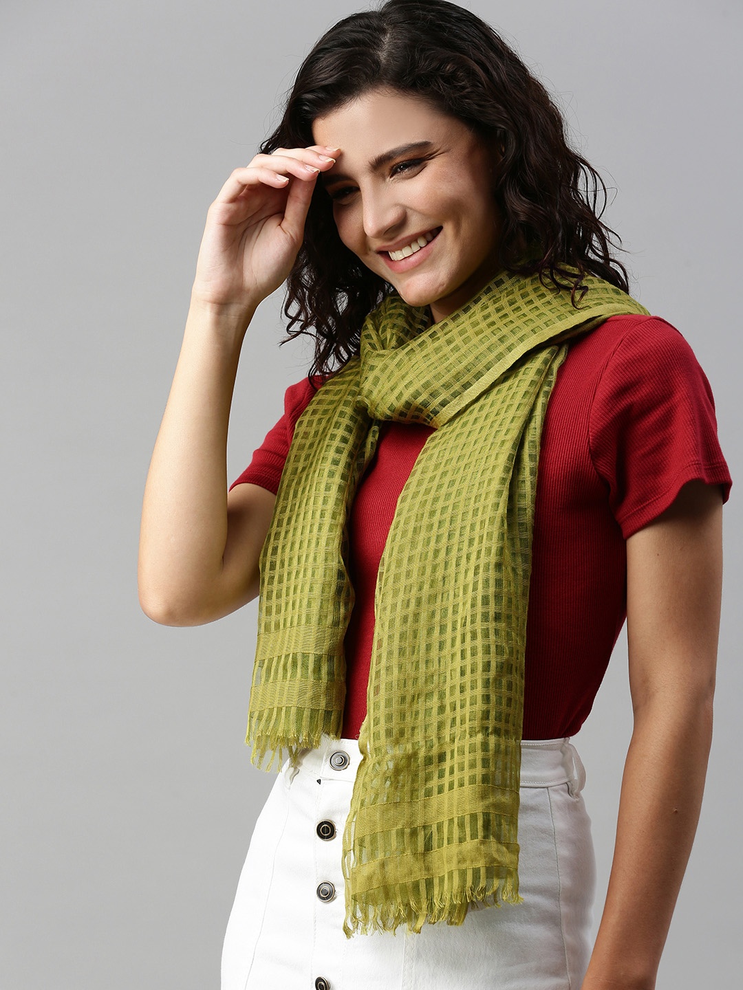 

Mast & Harbour Women Olive Green Checked Scarf
