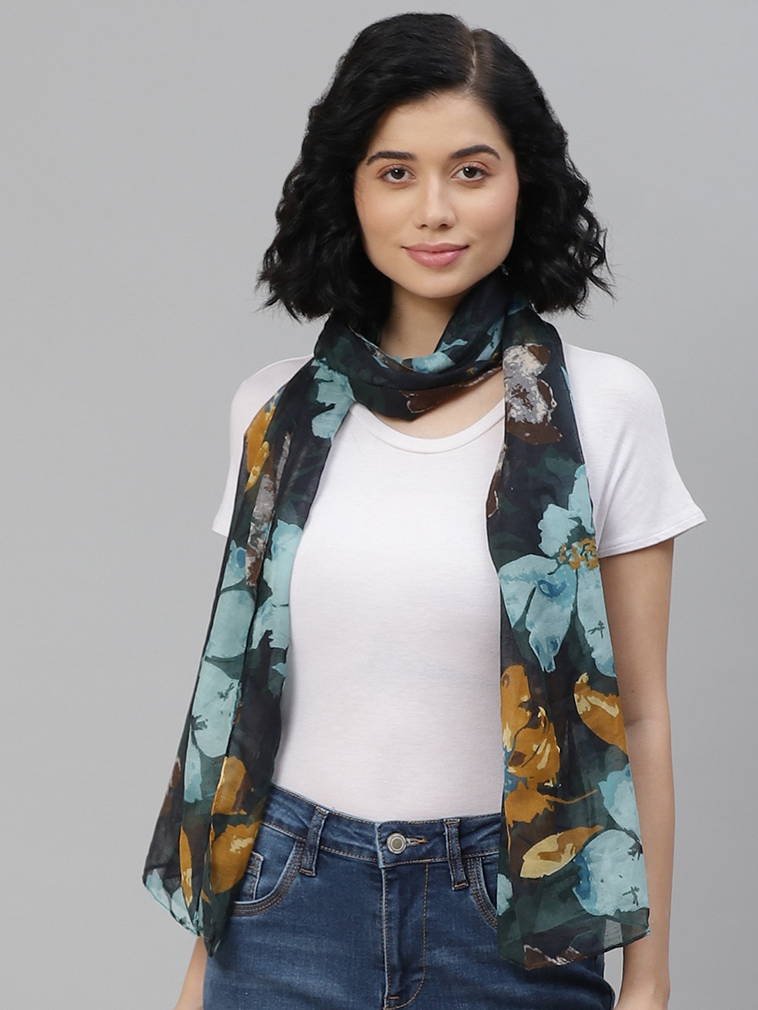 

Mast & Harbour Women Charcoal Grey & Blue Printed Scarf