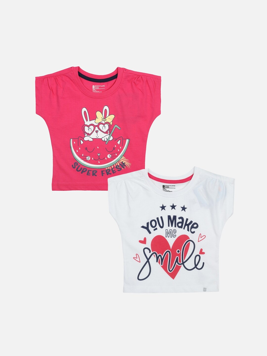 

Bodycare Kids Girls Set of 2 Printed Round Neck Antimicrobial T-shirt, Fuchsia