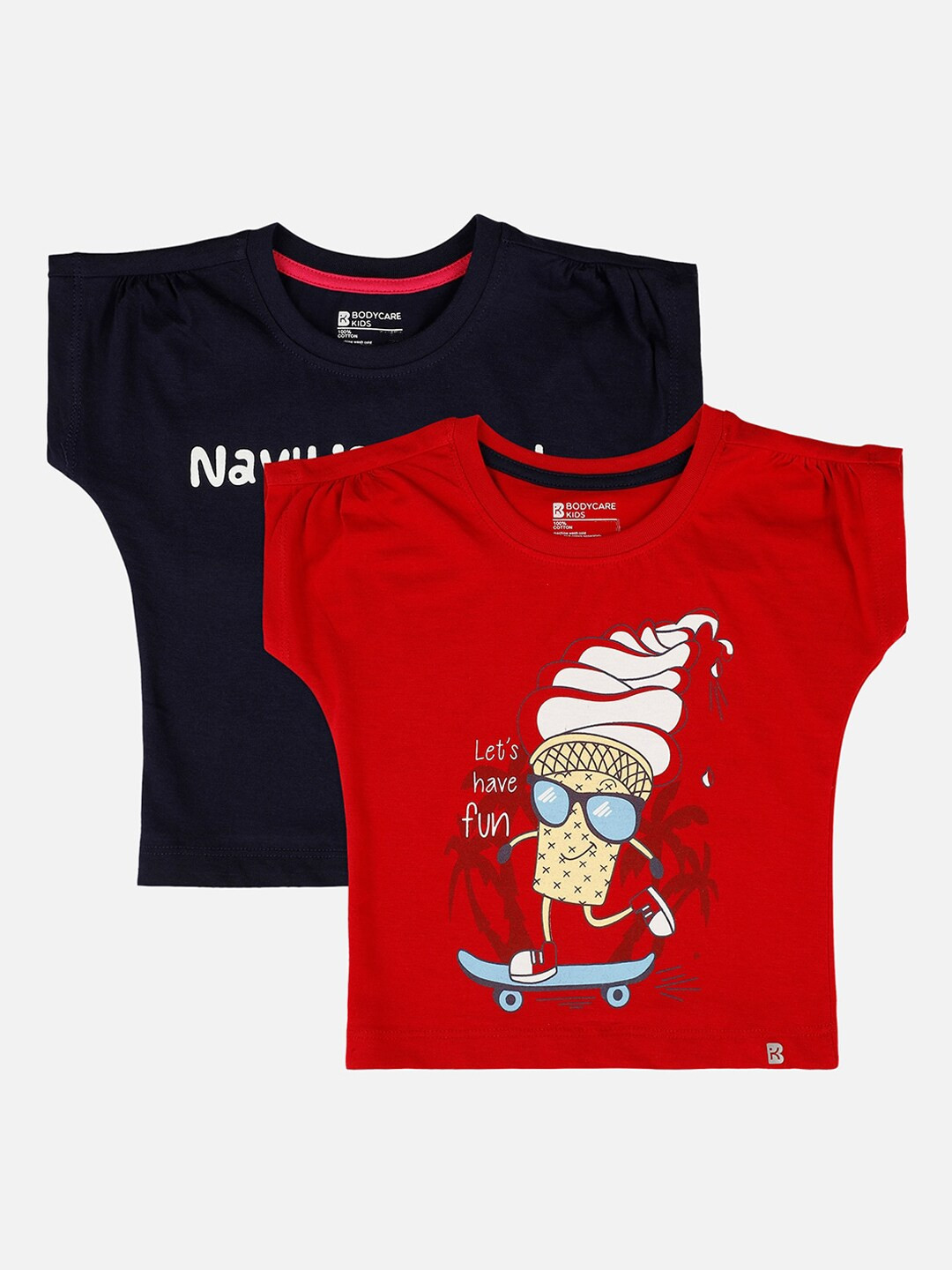 

Bodycare Kids Girls Red & Navy Blue Set of 2 Printed Round Neck Antimicrobial T-shirt