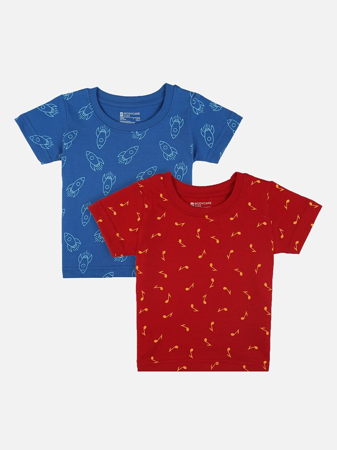 

Bodycare Kids Boys Pack Of 2 Red & Blue Printed Round Neck Antimicrobial T-shirts