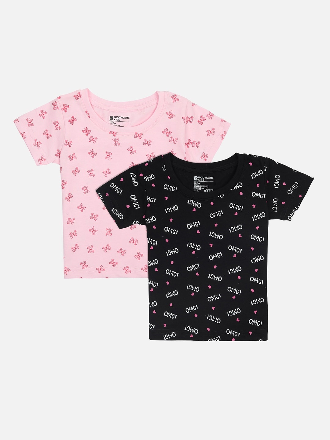 

Bodycare Kids Girls Set of 2 Printed Round Neck Antimicrobial T-shirt, Pink