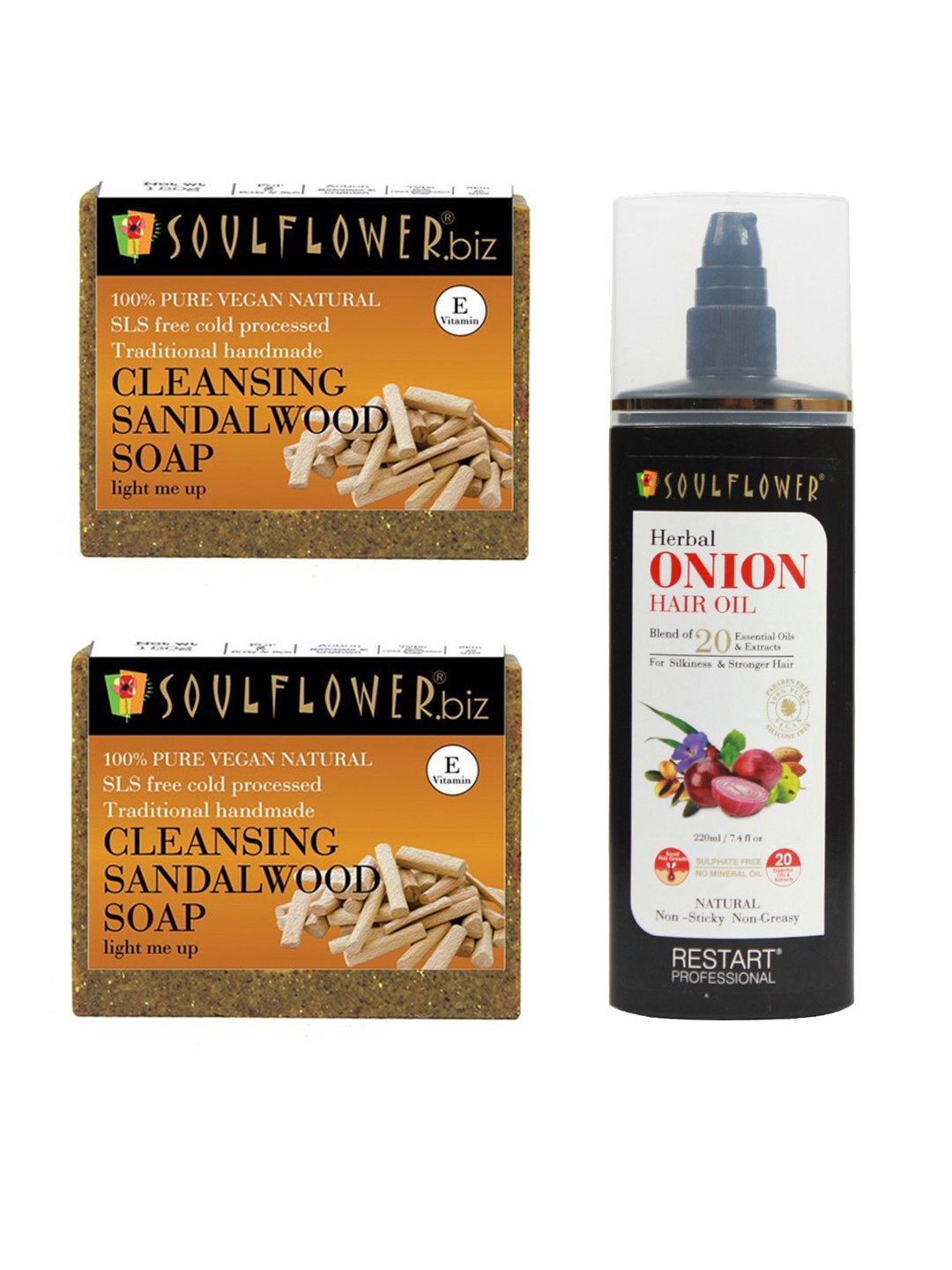

Soulflower Unisex Set of 2 Sustainable Cleansing Sandalwood Soap 300g & Onion Hair Oil 220ml, Mustard