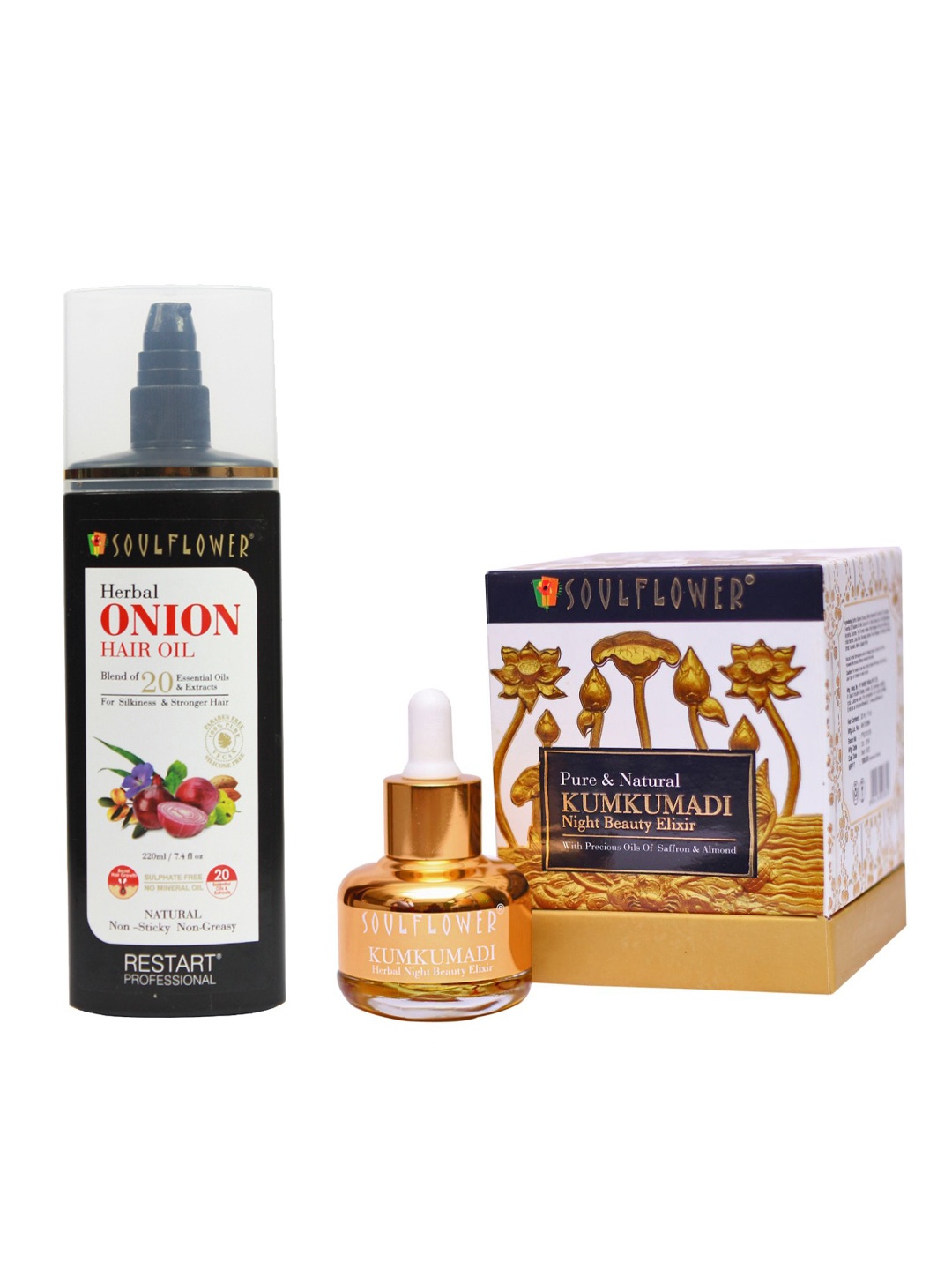 

Soulflower Unisex Set of 2 Sustainable Onion Hair Growth Oil 220ml & Kumkumadi Night Beauty Elixir, Yellow