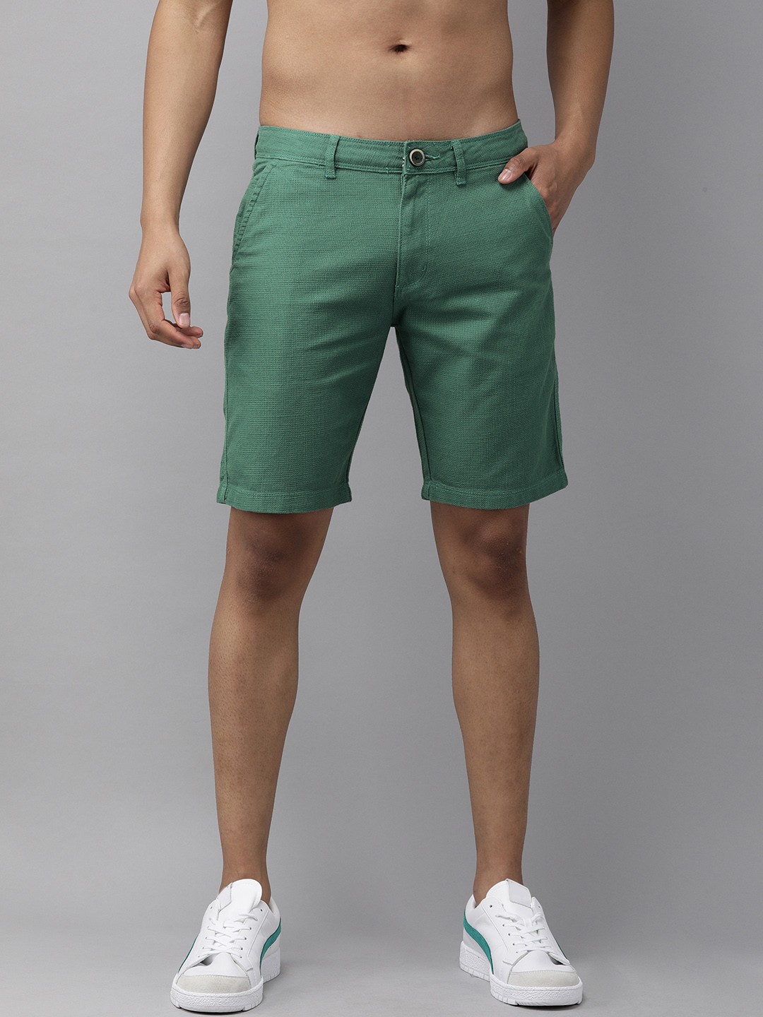 

Roadster Men Green Self-design Mid-Rise Regular Shorts