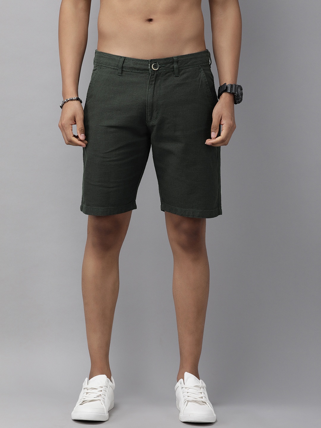 

Roadster Men Olive Green Mid-Rise Regular Shorts
