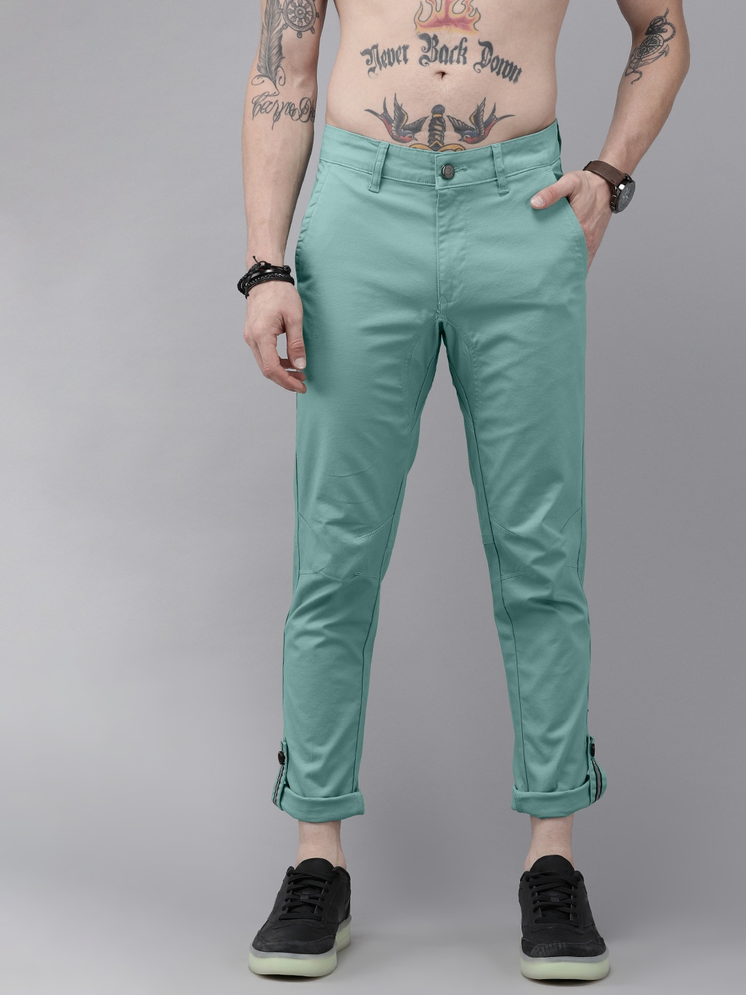

Roadster X Discovery Adventures Men Green Travel Chino with Reflective Tape Turn Up Hem, Sea green